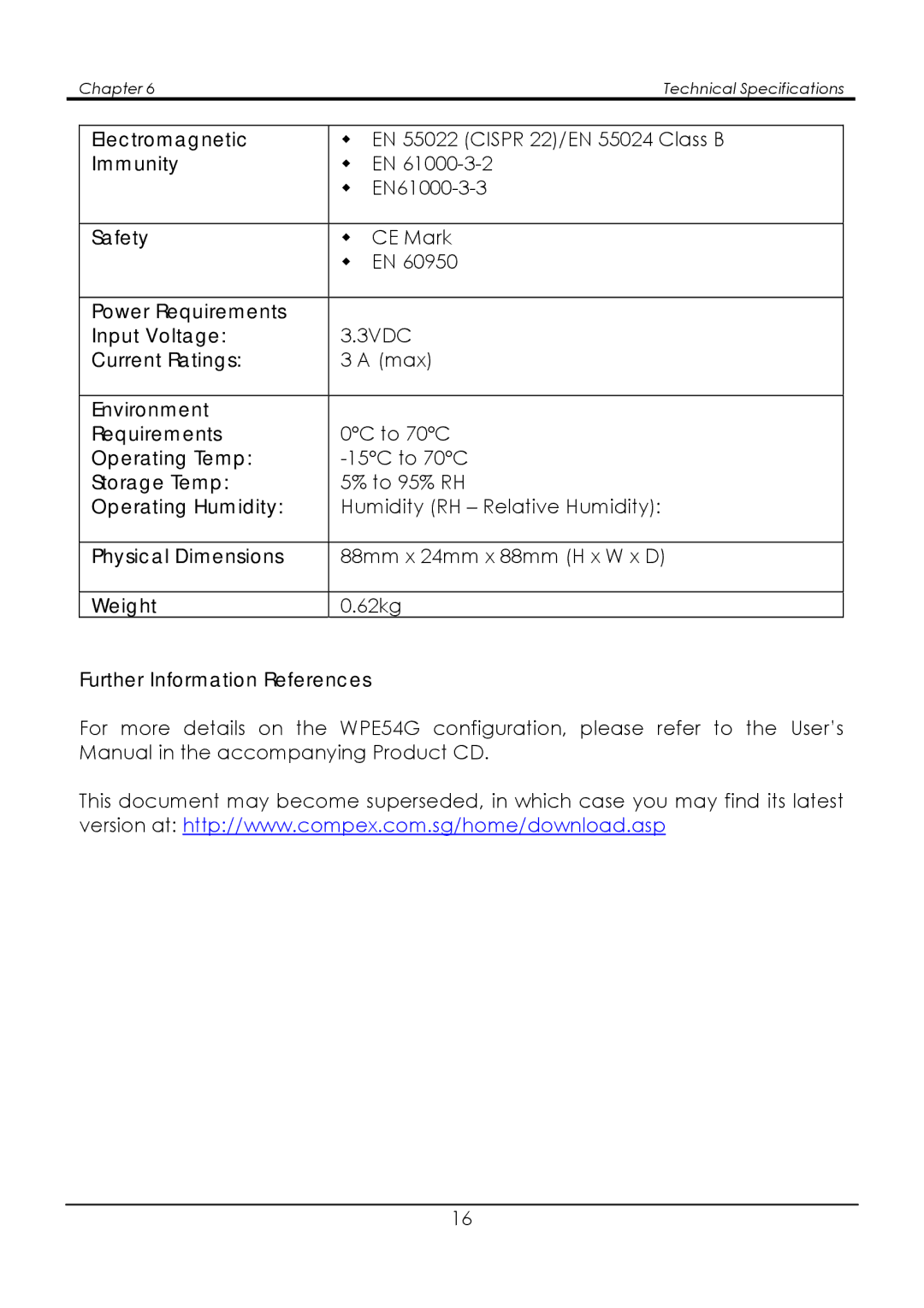 Compex Systems WPE54G manual Immunity, Safety, Power Requirements Input Voltage, Current Ratings, Environment Requirements 