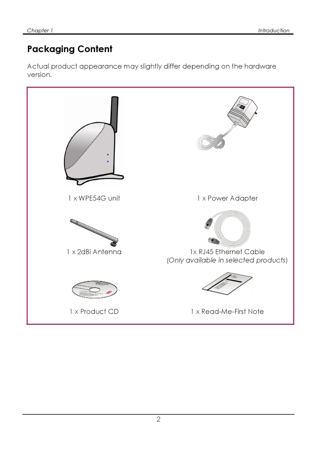 Compex Systems WPE54G manual Packaging Content 