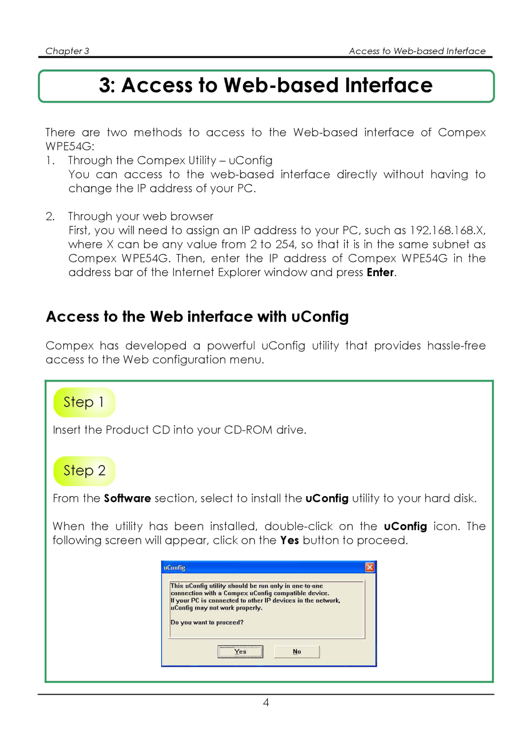 Compex Systems WPE54G manual Access to Web-based Interface, Access to the Web interface with uConfig 