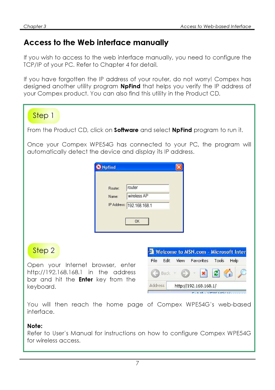 Compex Systems WPE54G Access to the Web interface manually 