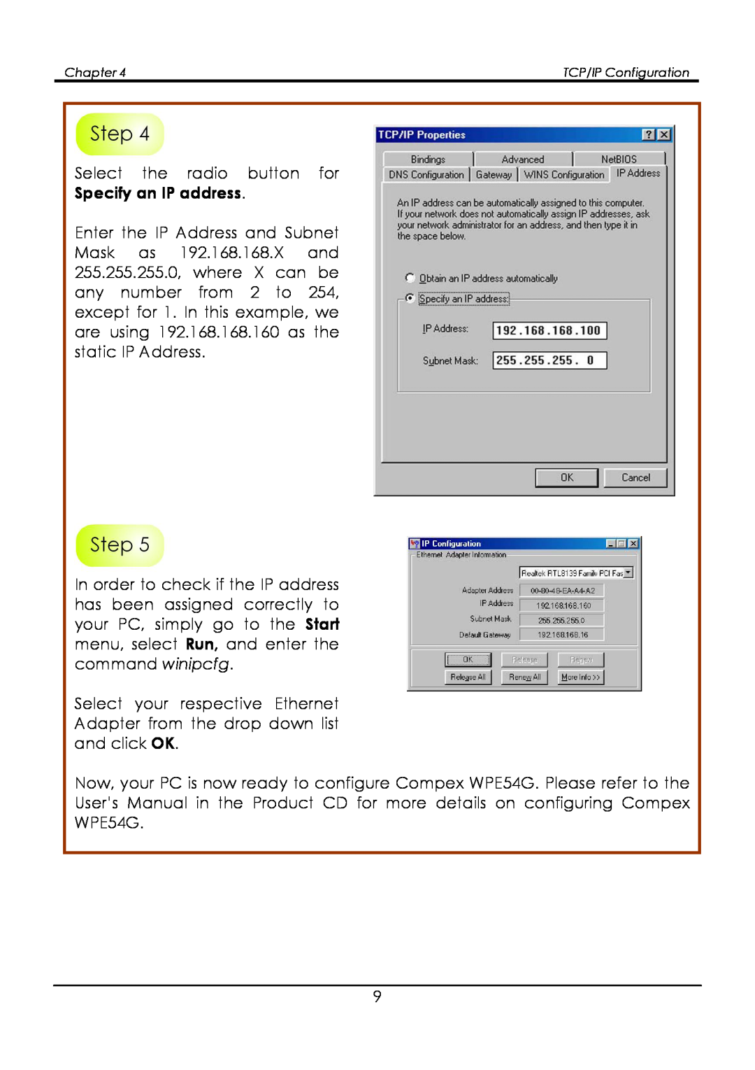 Compex Systems WPE54G manual Specify an IP address 