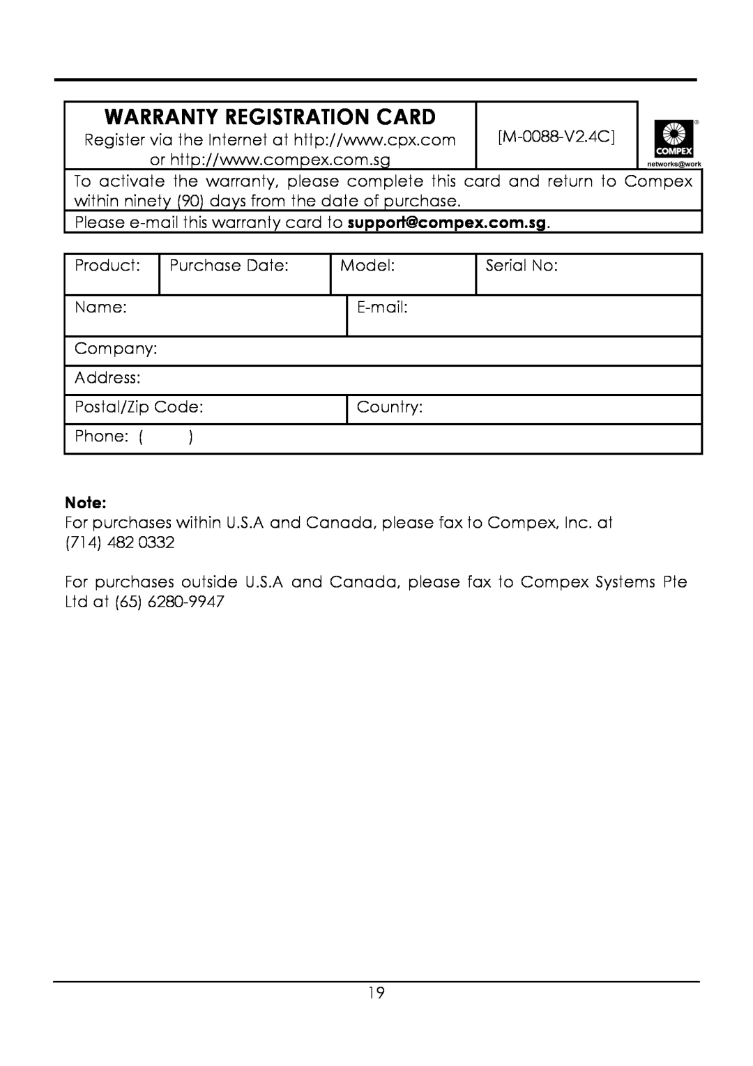 Compex Systems WPE54G manual Warranty Registration Card 