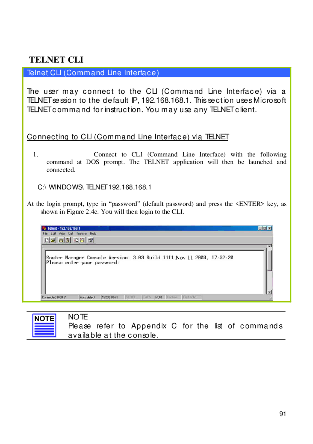 Compex Technologies 18A manual Telnet CLI 