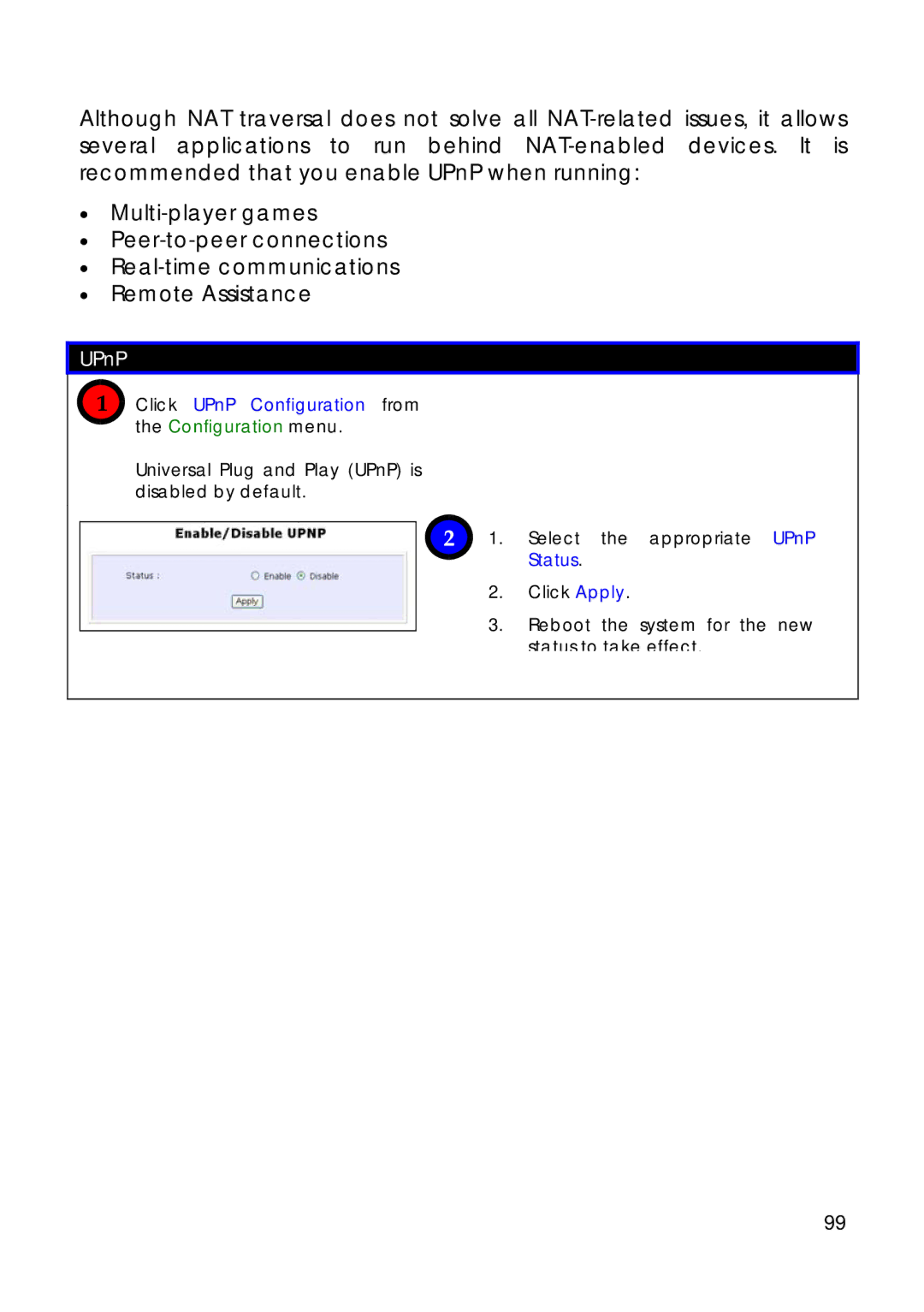 Compex Technologies 18A manual Click UPnP Configuration from the Configuration menu, Select the appropriate UPnP Status 