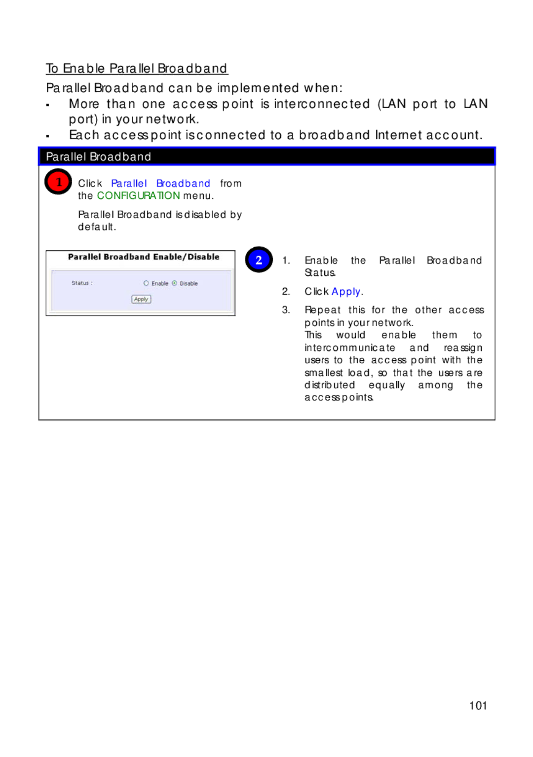 Compex Technologies 18A manual 101, Click Parallel Broadband from the Configuration menu 