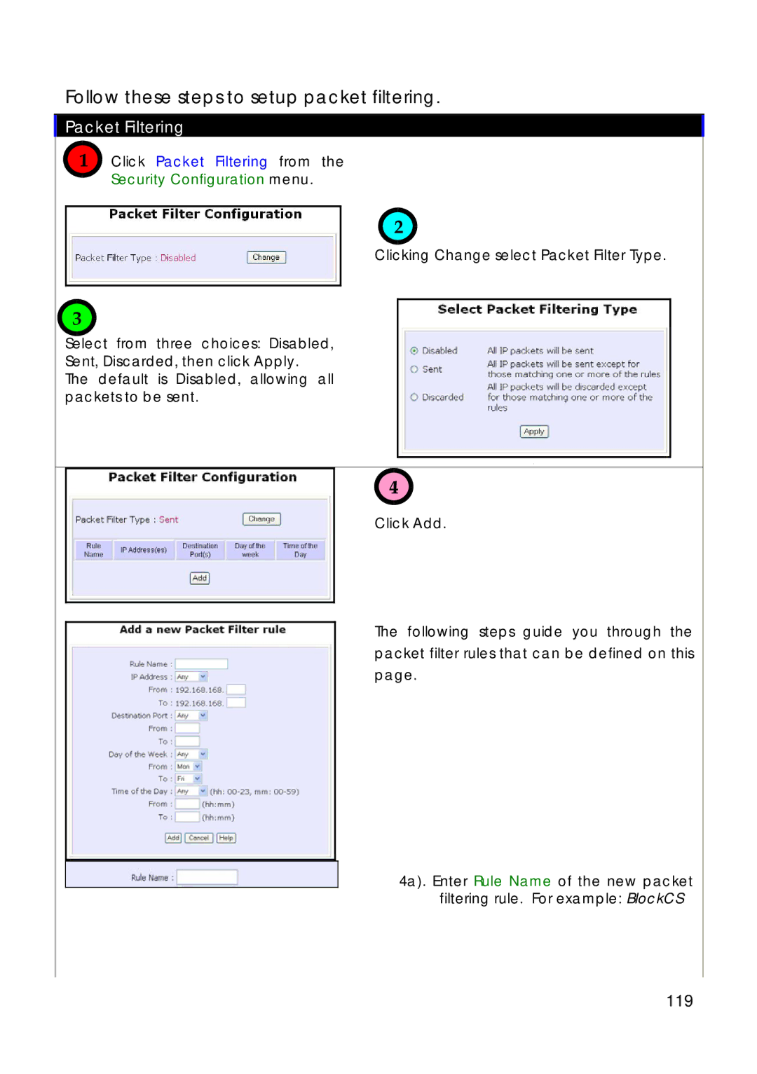 Compex Technologies 18A manual 119, Click Packet Filtering from the Security Configuration menu 