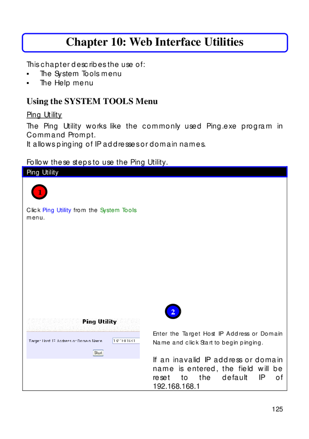 Compex Technologies 18A manual Web Interface Utilities, Using the System Tools Menu, Ping Utility, 125 