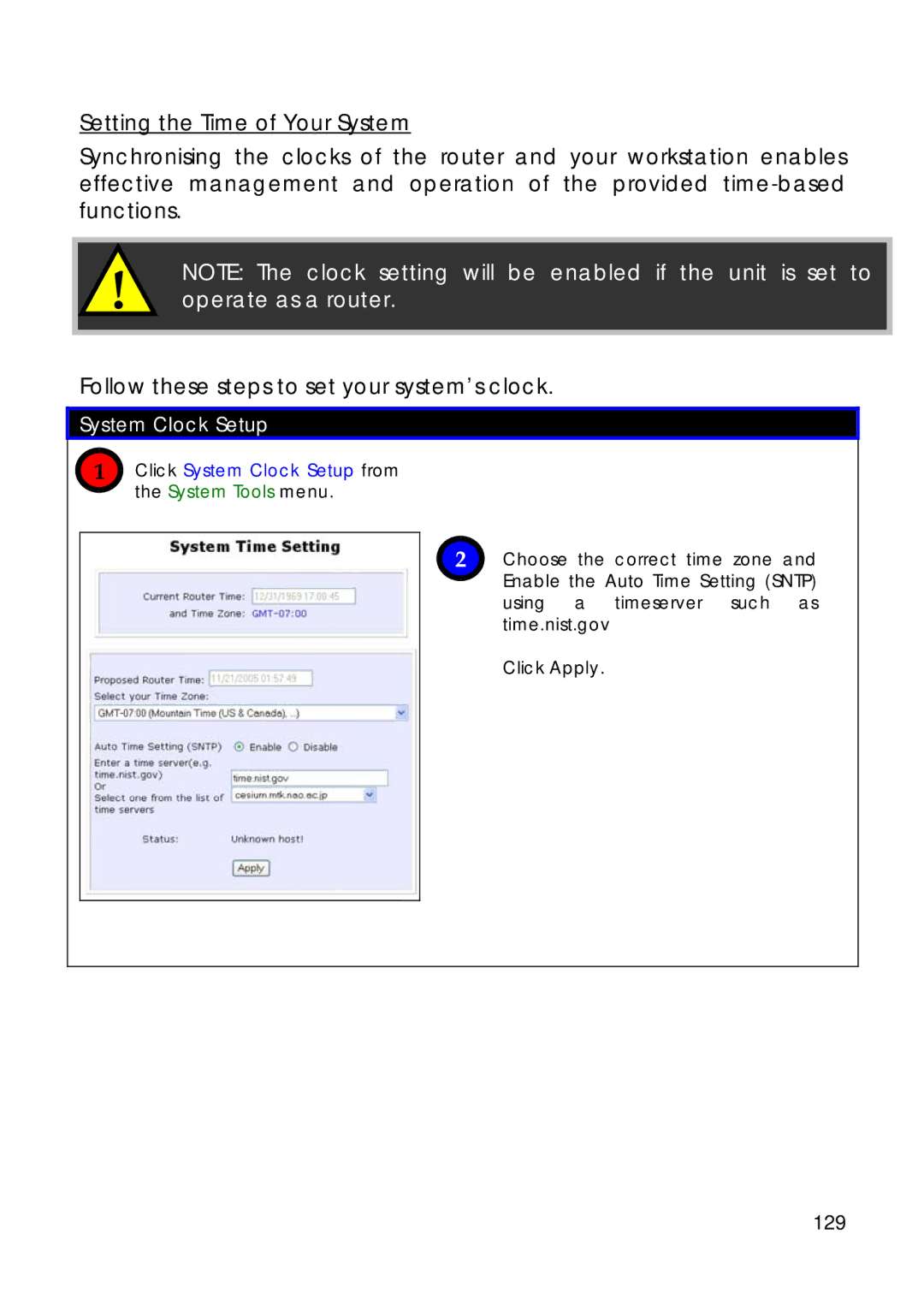 Compex Technologies 18A manual 129, Click System Clock Setup from the System Tools menu 