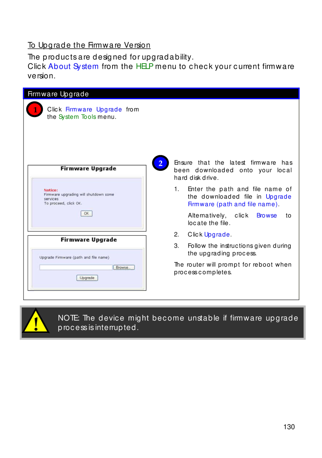 Compex Technologies 18A manual 130, Click Firmware Upgrade from the System Tools menu 