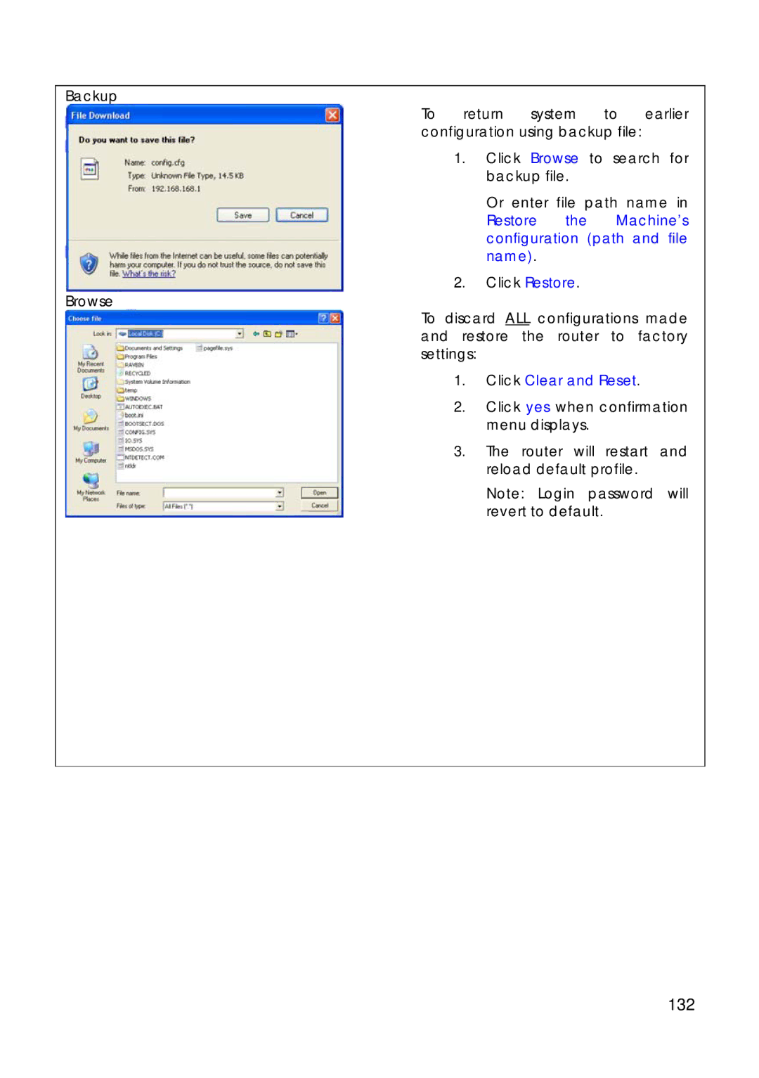 Compex Technologies 18A manual 132, Restore the Machine’s configuration path and file name, Click Clear and Reset 