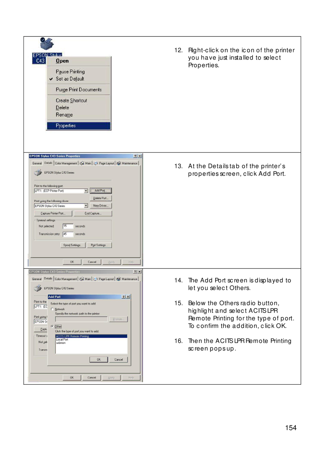 Compex Technologies 18A manual 154, Then the Acits LPR Remote Printing screen pops up 