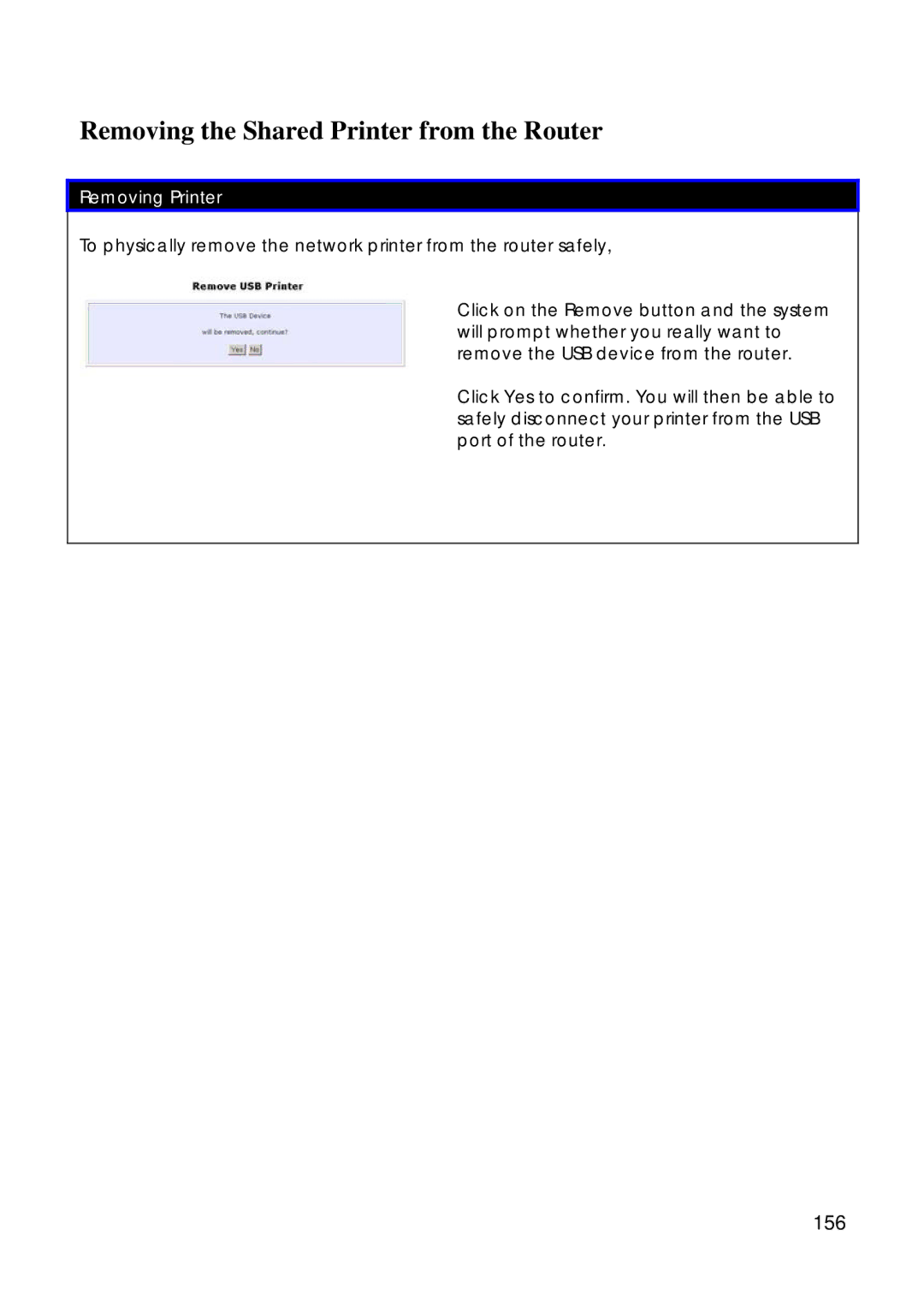 Compex Technologies 18A manual Removing the Shared Printer from the Router, 156 