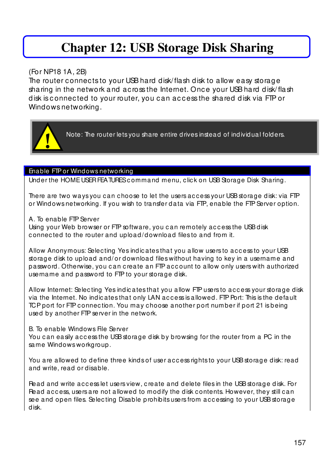 Compex Technologies 18A manual USB Storage Disk Sharing, 157, To enable FTP Server, To enable Windows File Server 