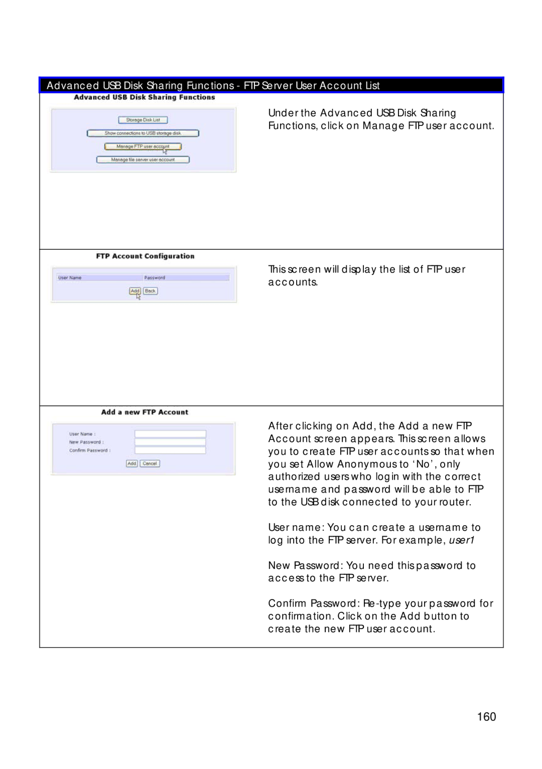 Compex Technologies 18A manual 160, This screen will display the list of FTP user accounts 