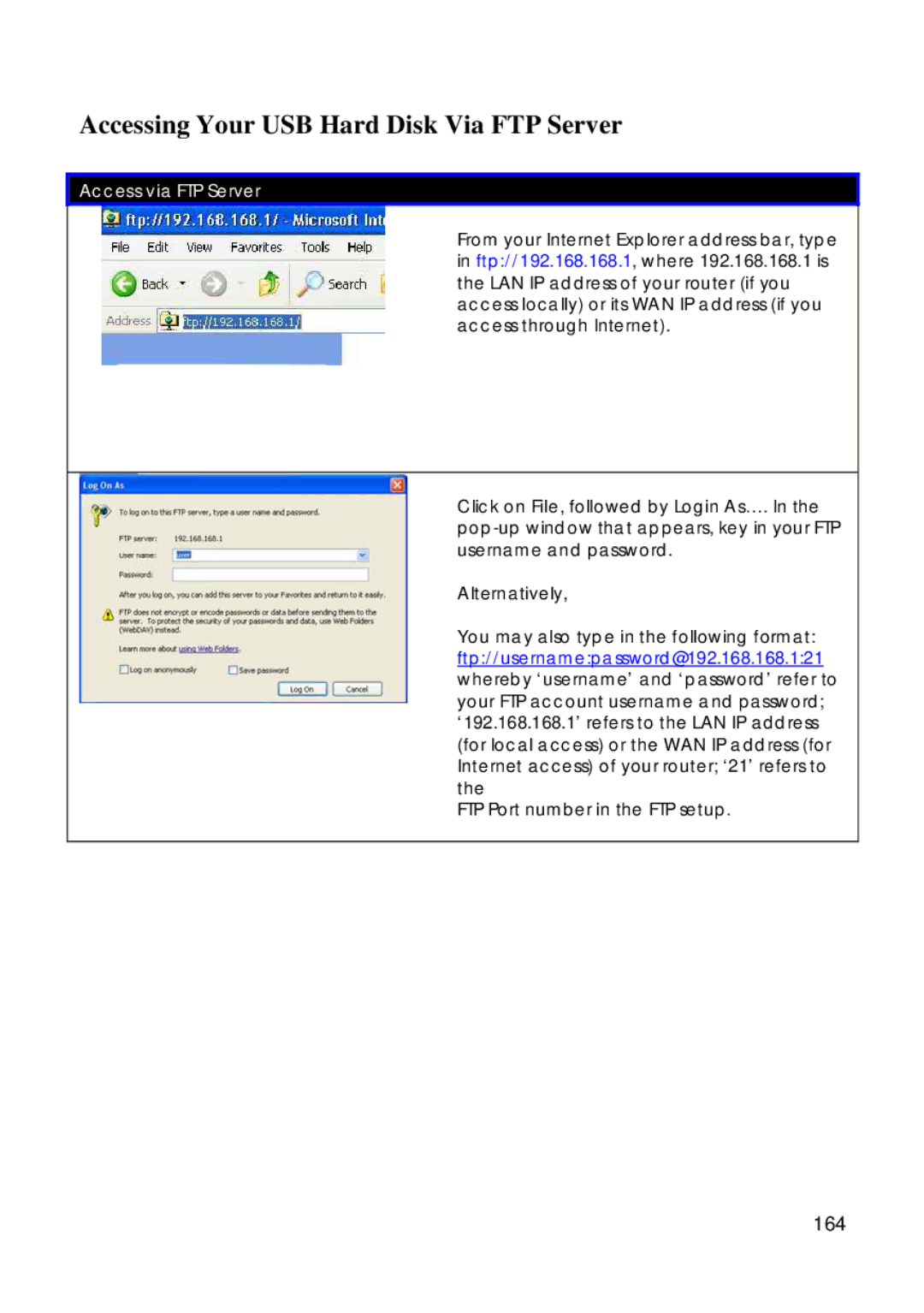 Compex Technologies 18A manual Accessing Your USB Hard Disk Via FTP Server, 164 