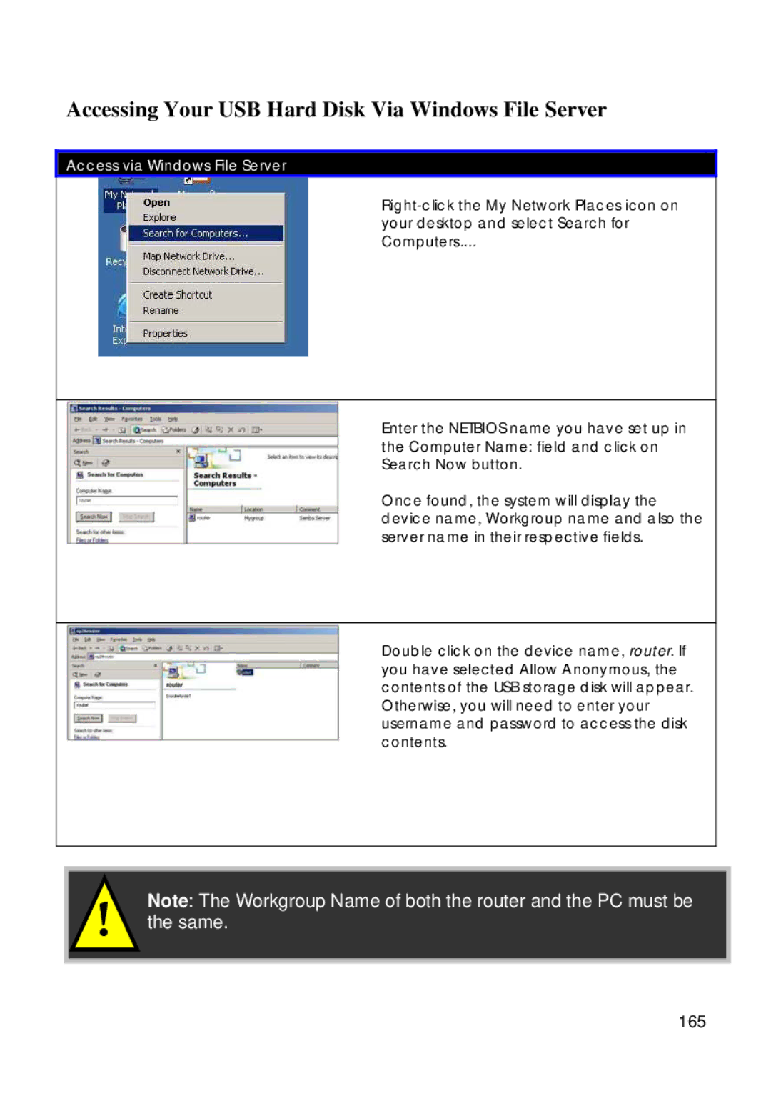 Compex Technologies 18A manual Accessing Your USB Hard Disk Via Windows File Server, 165, Computers 