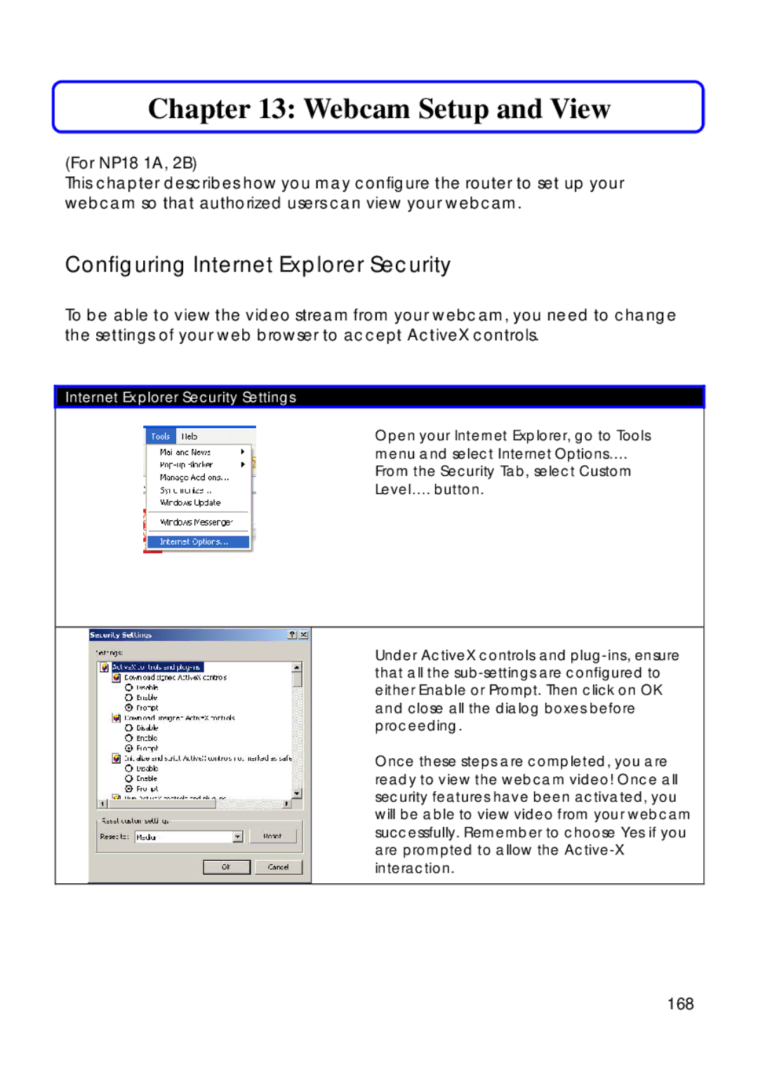 Compex Technologies 18A manual Webcam Setup and View, 168 