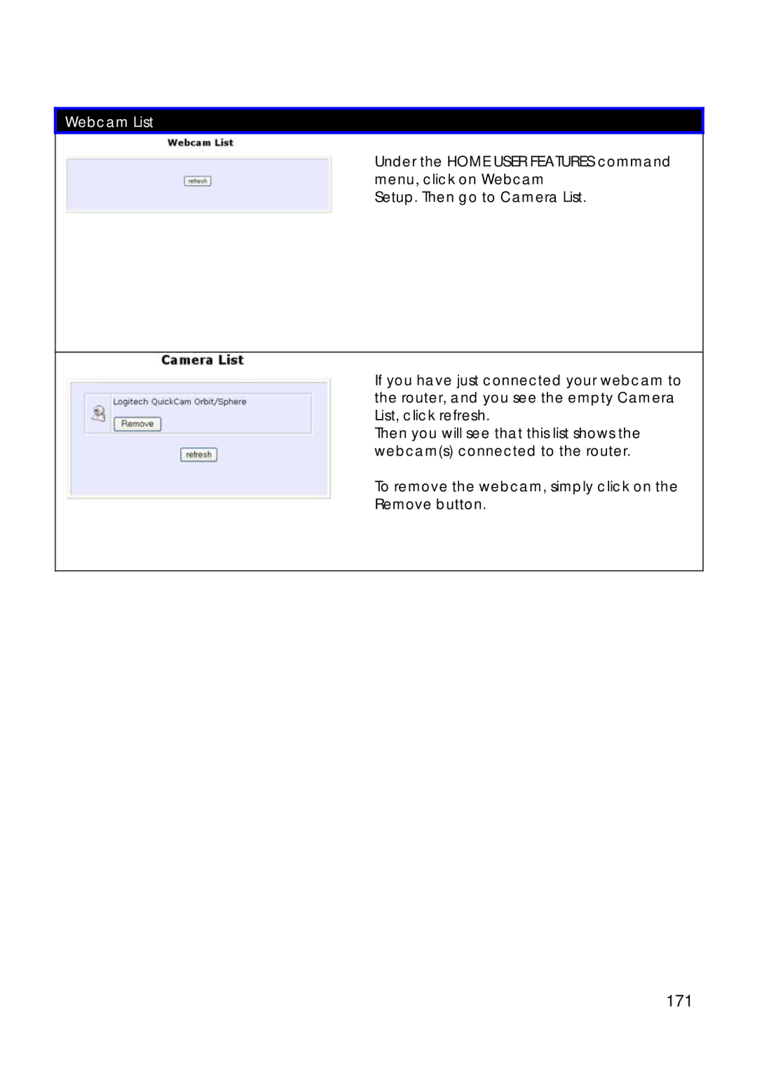 Compex Technologies 18A manual 171, Under the Home User Features command menu, click on Webcam 