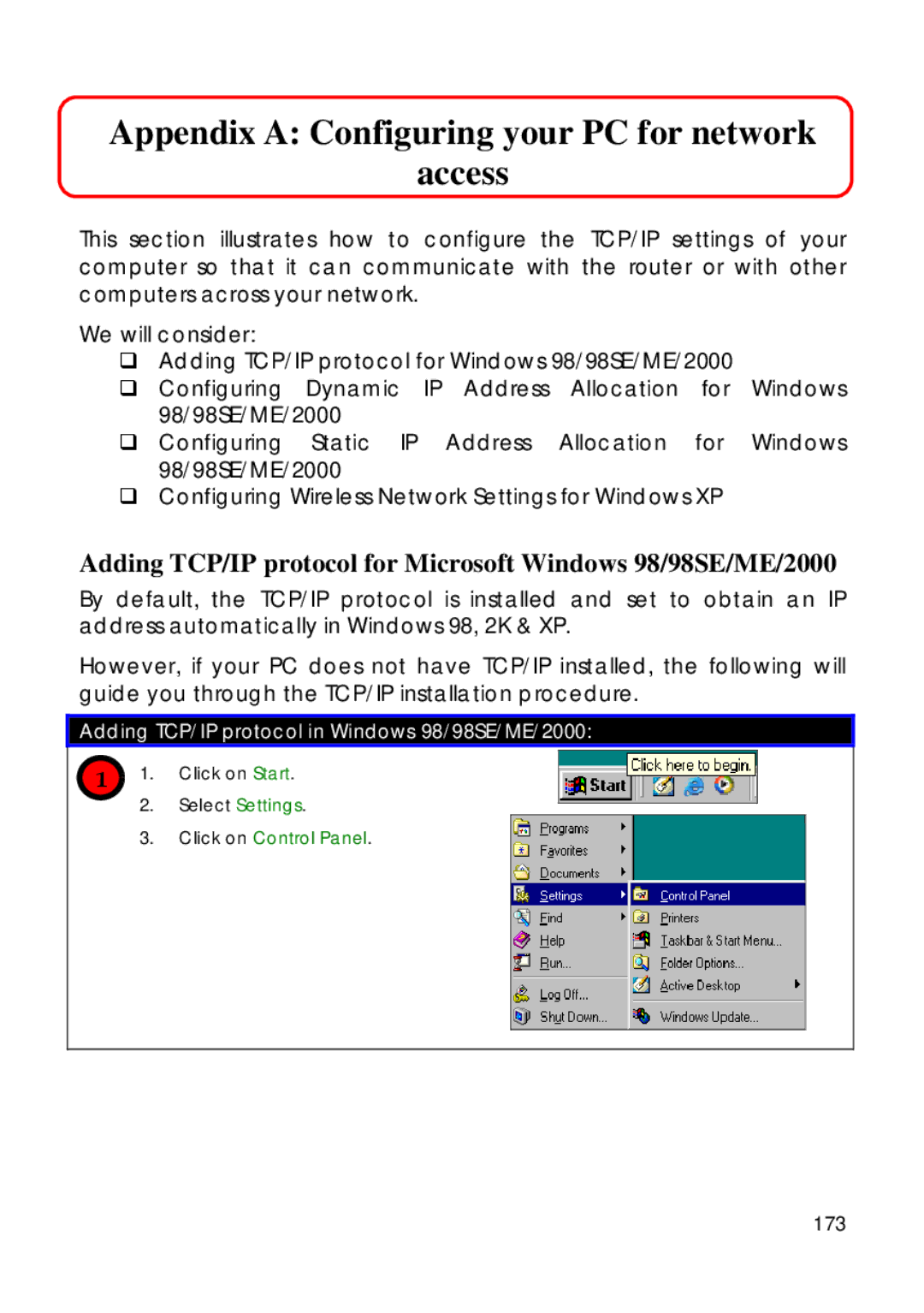 Compex Technologies 18A manual Appendix a Configuring your PC for network Access, 173, Click on Control Panel 