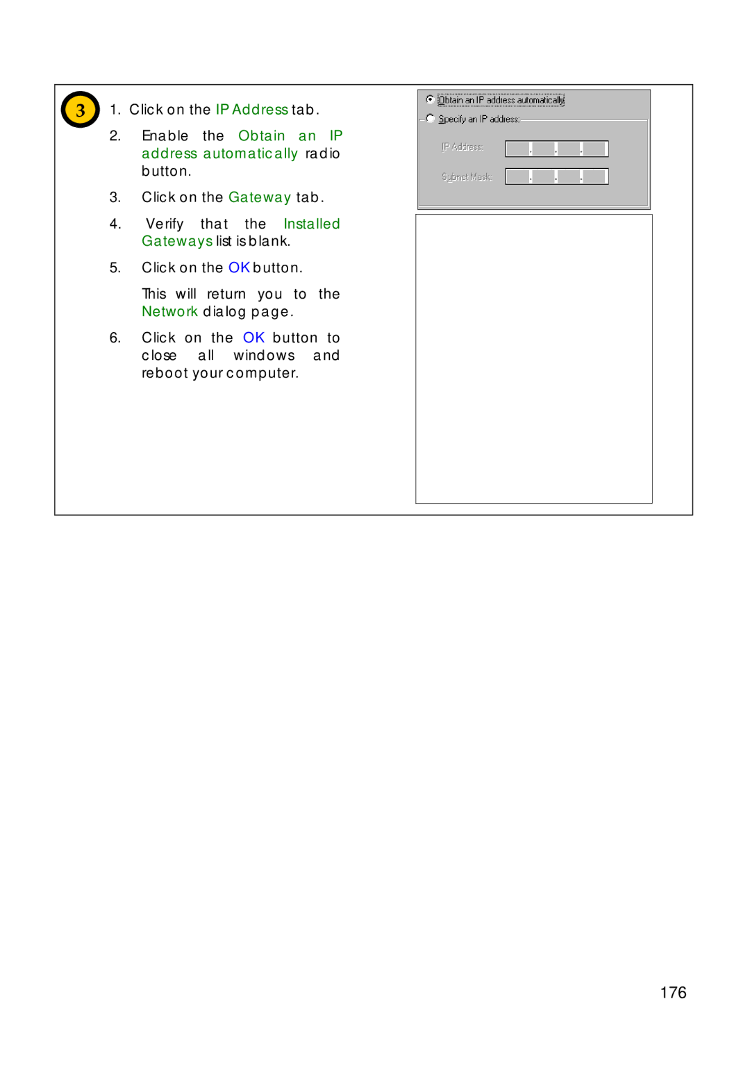 Compex Technologies 18A manual 176, Enable the Obtain an IP address automatically radio button 