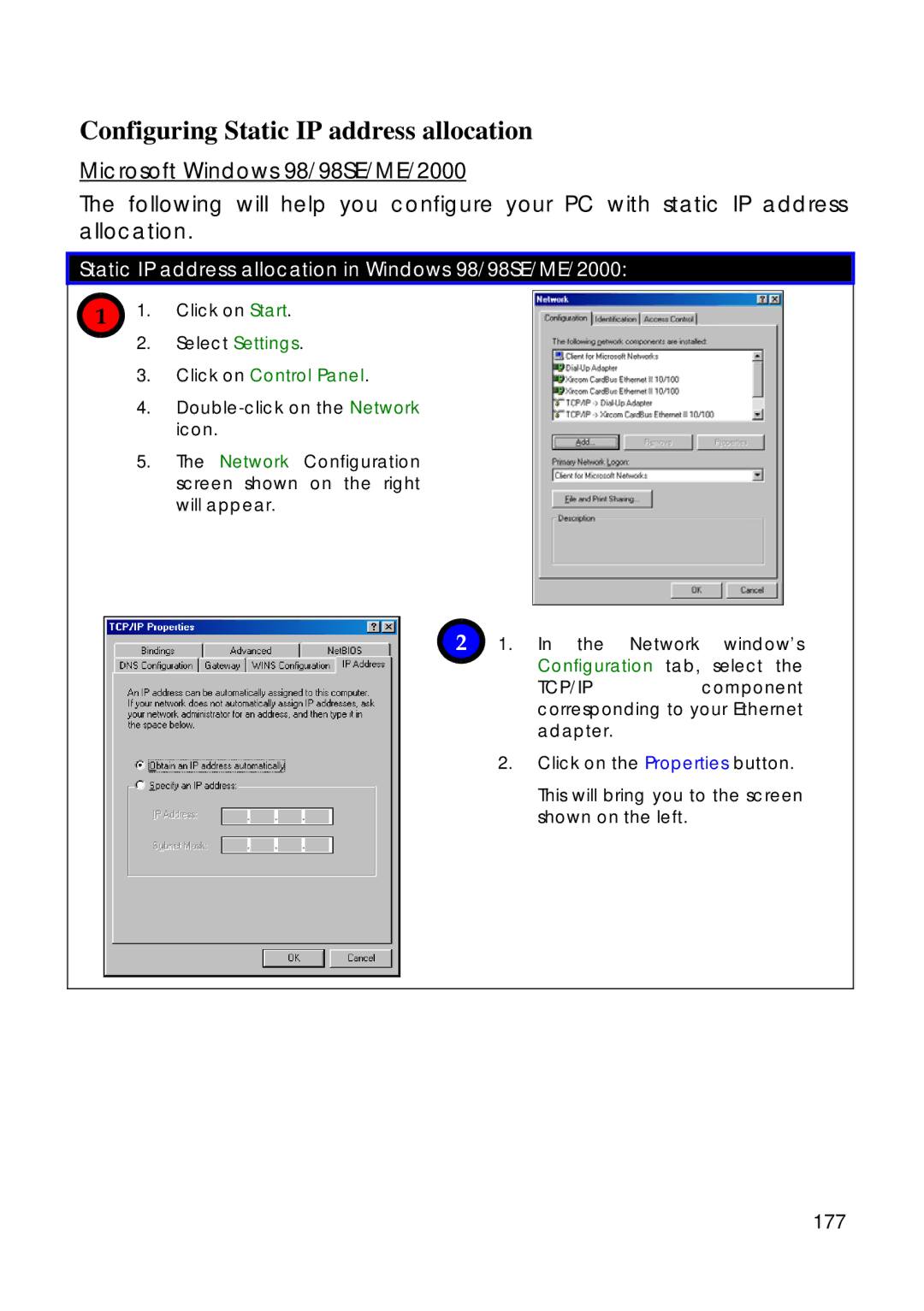 Compex Technologies 18A Configuring Static IP address allocation, Static IP address allocation in Windows 98/98SE/ME/2000 