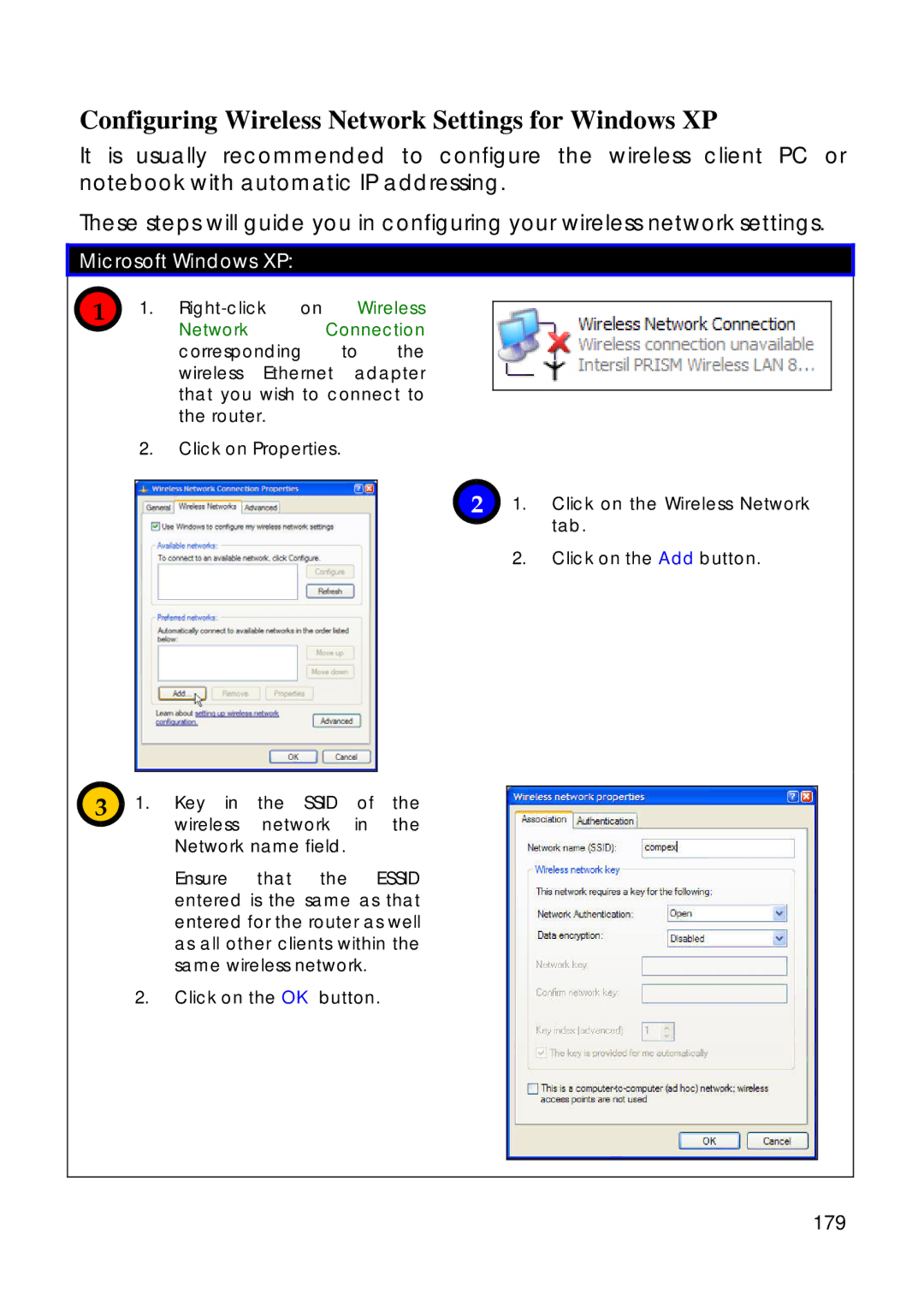 Compex Technologies 18A manual Configuring Wireless Network Settings for Windows XP, Microsoft Windows XP, 179 