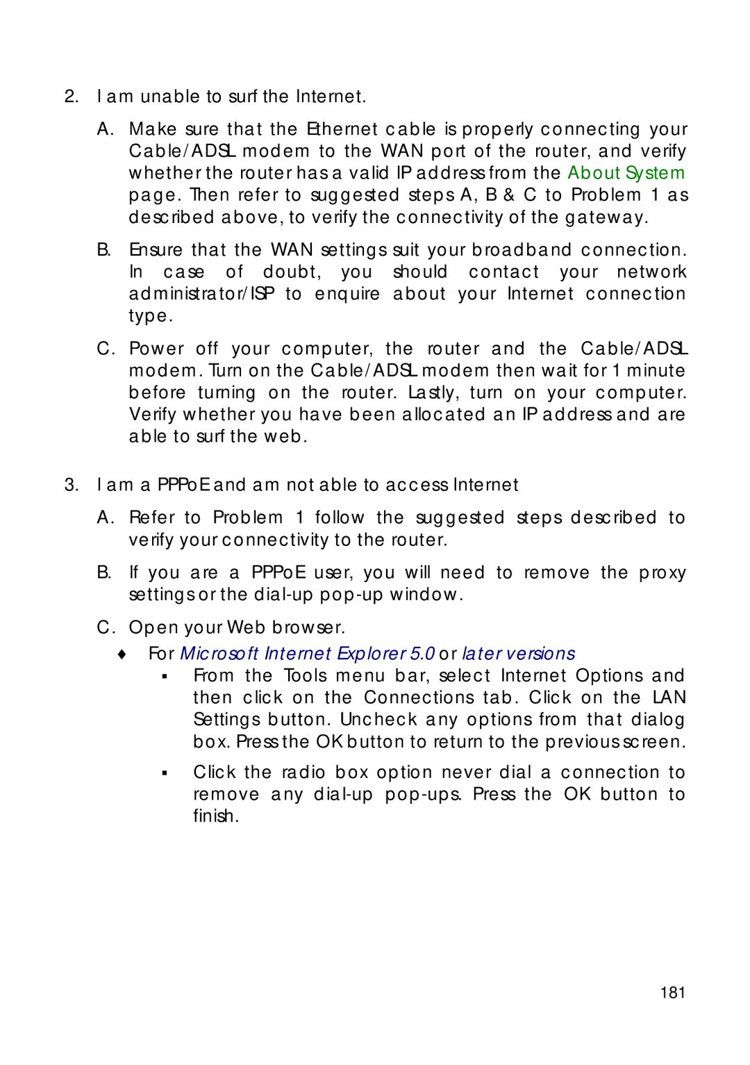 Compex Technologies 18A manual Am unable to surf the Internet, 181 