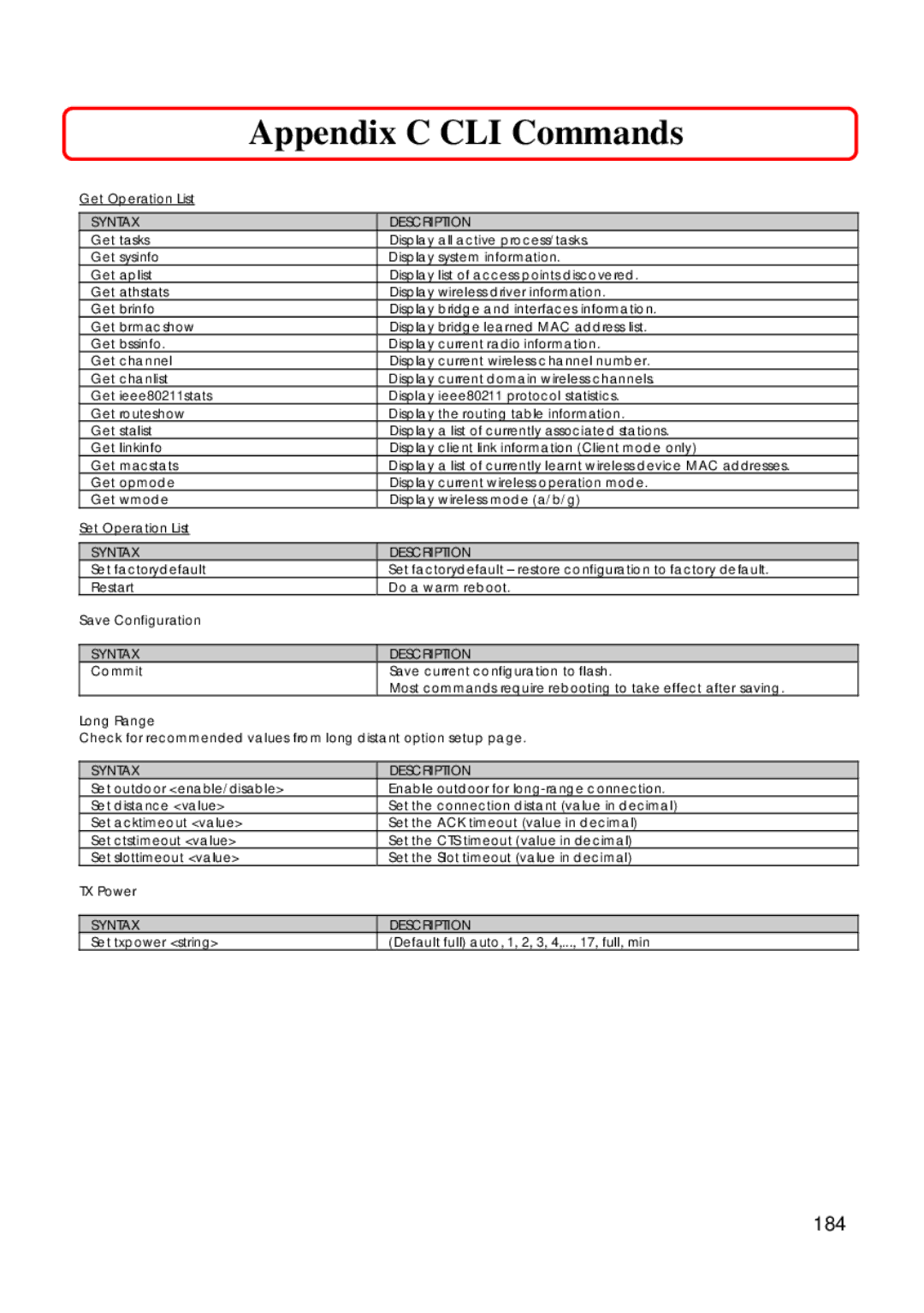 Compex Technologies 18A manual Appendix C CLI Commands, 184 