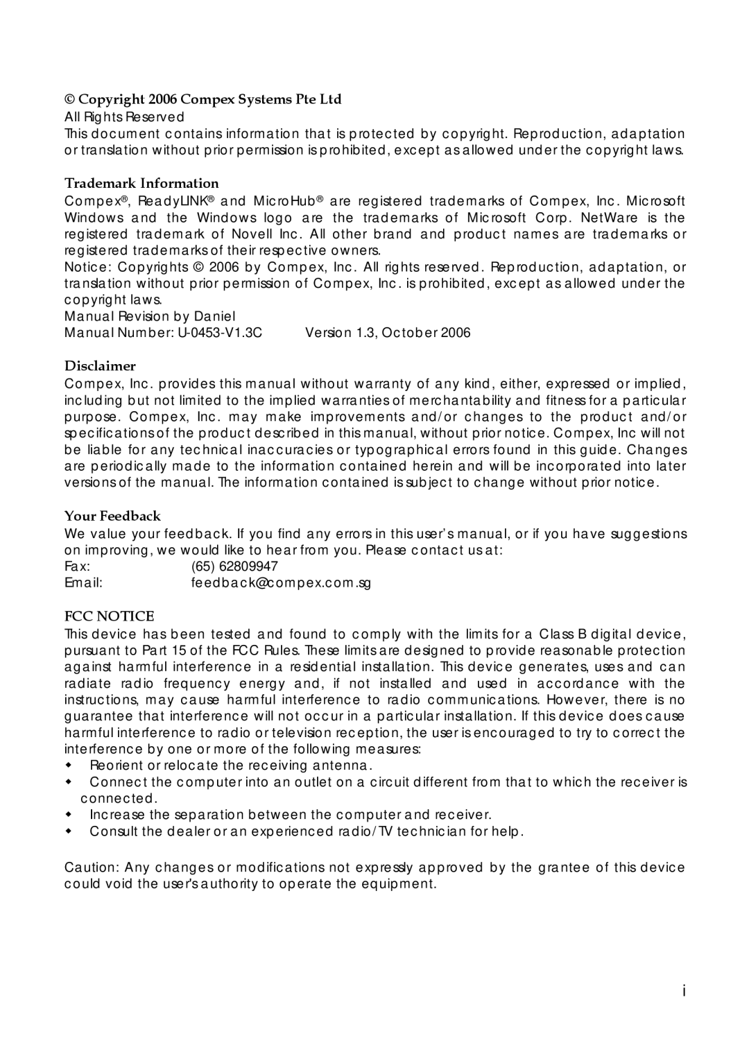 Compex Technologies 18A manual FCC Notice 