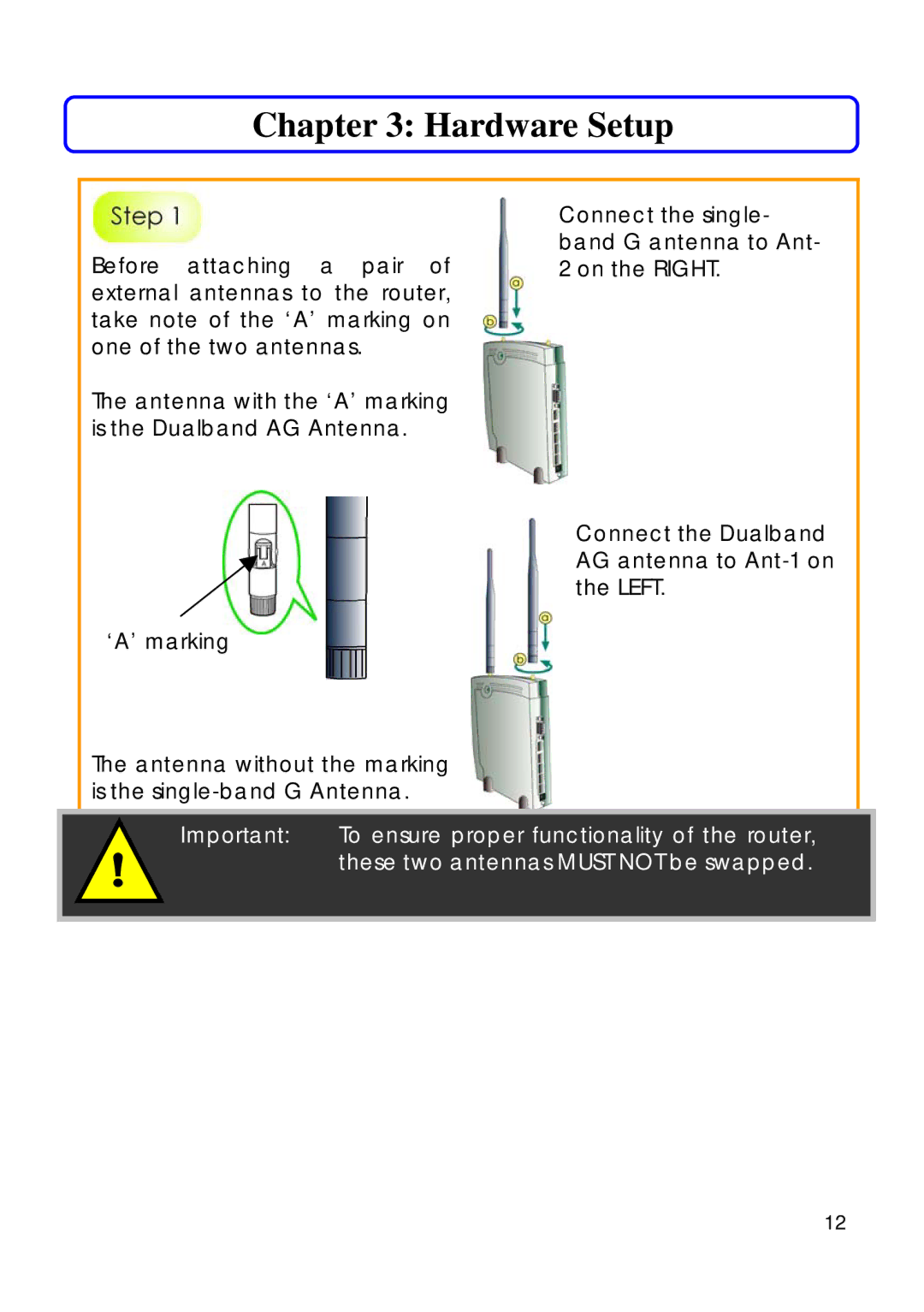 Compex Technologies 18A manual Hardware Setup, These two antennas Must not be swapped 