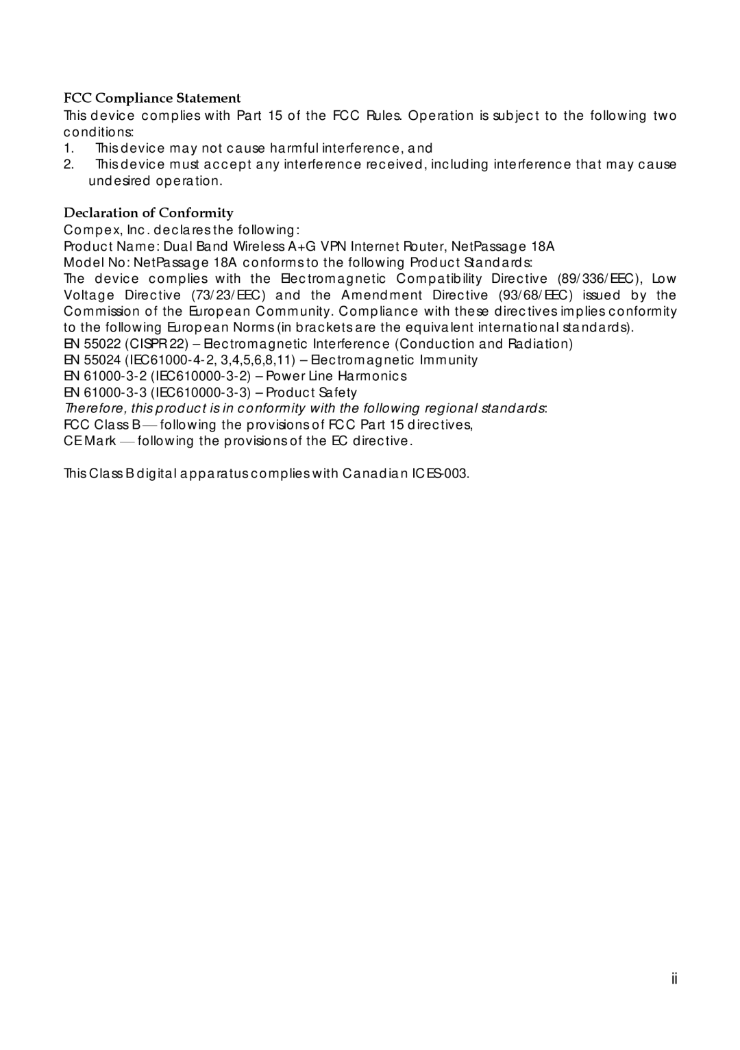 Compex Technologies 18A manual FCC Compliance Statement 