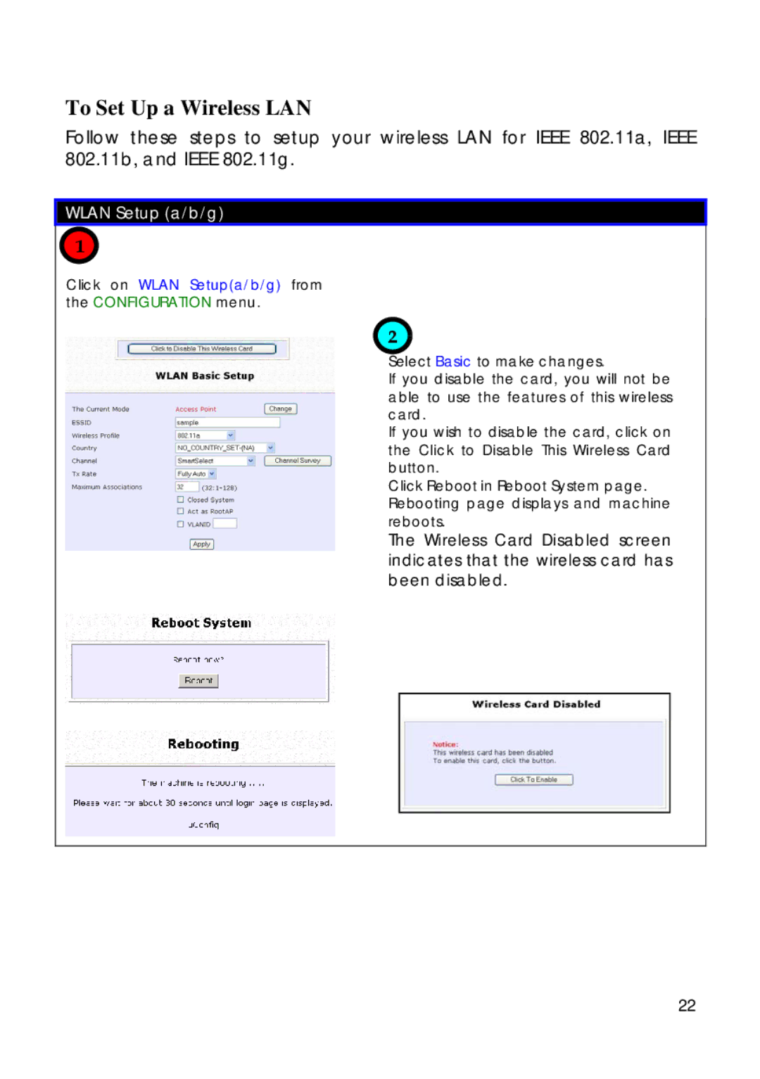 Compex Technologies 18A To Set Up a Wireless LAN, Wlan Setup a/b/g, Click on Wlan Setupa/b/g from the Configuration menu 