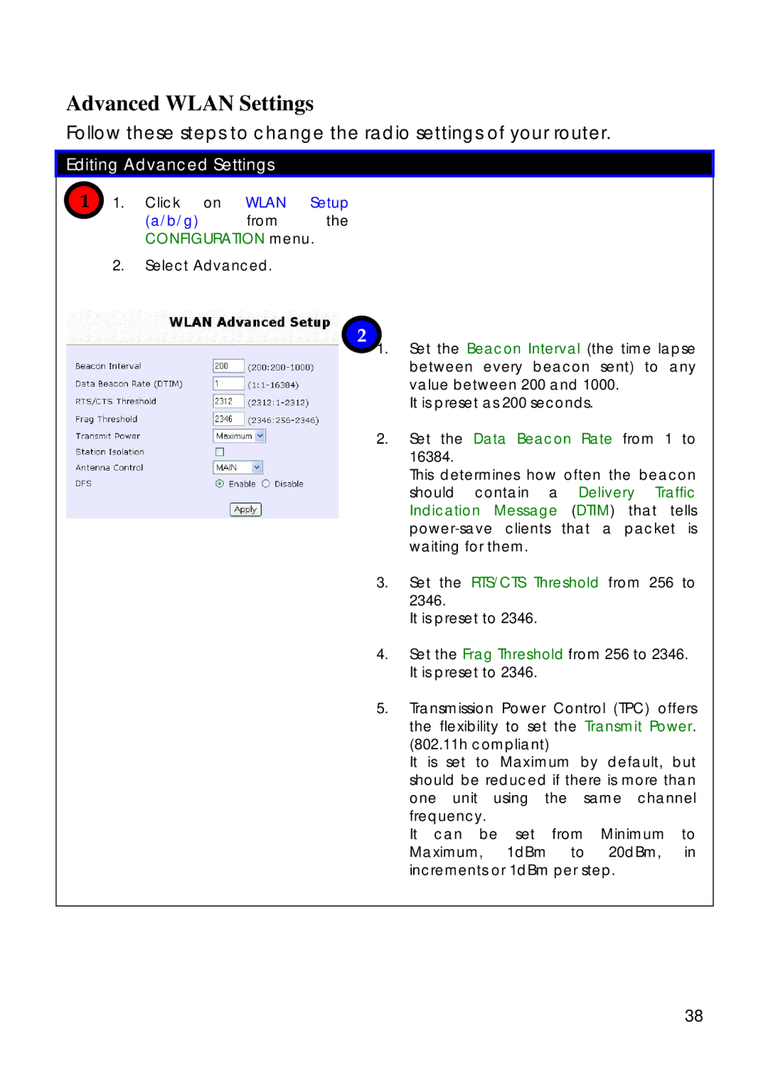 Compex Technologies 18A manual Advanced Wlan Settings, Editing Advanced Settings, G from the Configuration menu 