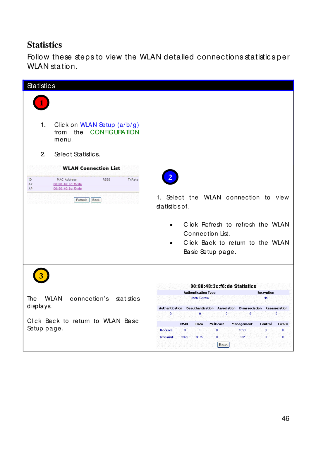 Compex Technologies 18A manual Click on Wlan Setup a/b/g from the Configuration menu, Select Statistics 