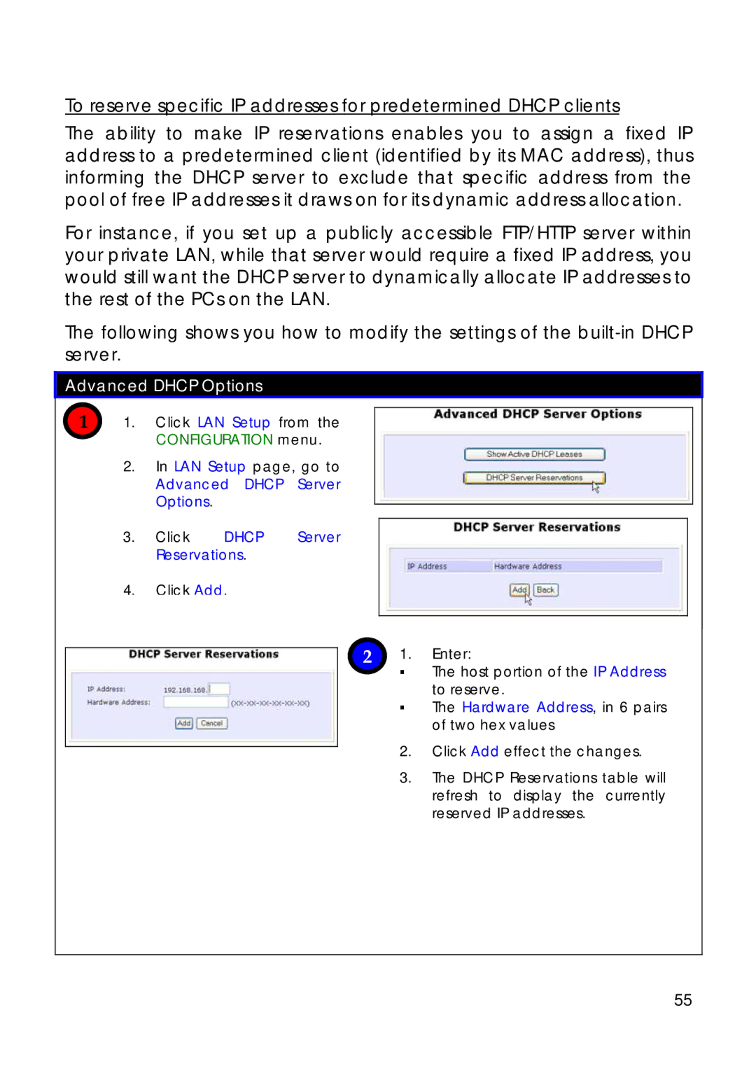 Compex Technologies 18A manual Advanced Dhcp Options, Advanced Dhcp Server Options Click Dhcp Server Reservations 