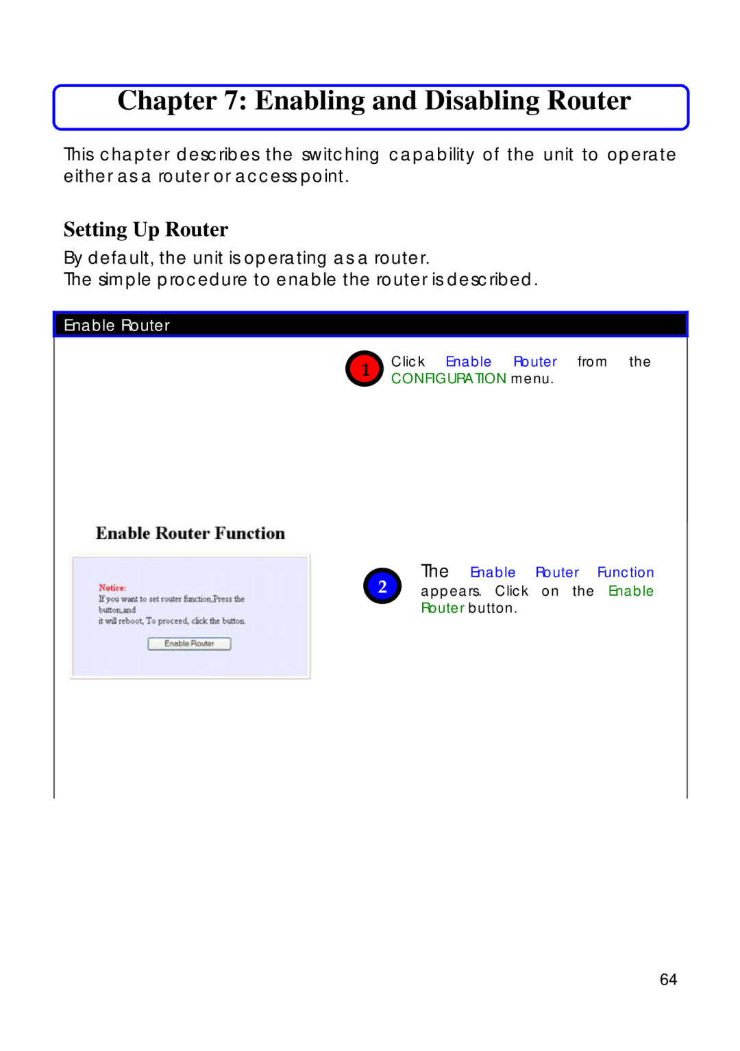 Compex Technologies 18A manual Enabling and Disabling Router, Setting Up Router, Enable Router 