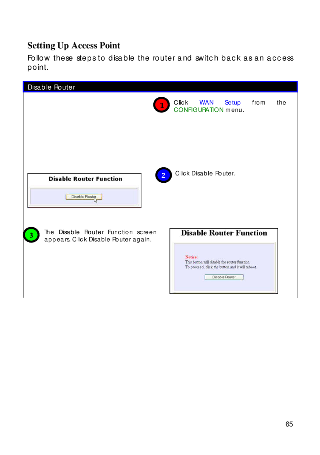 Compex Technologies 18A manual Setting Up Access Point, Disable Router, Click WAN Setup from the Configuration menu 