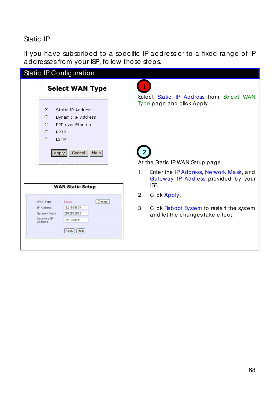 Compex Technologies 18A manual Select Static IP Address from Select WAN, At the Static IP WAN Setup 