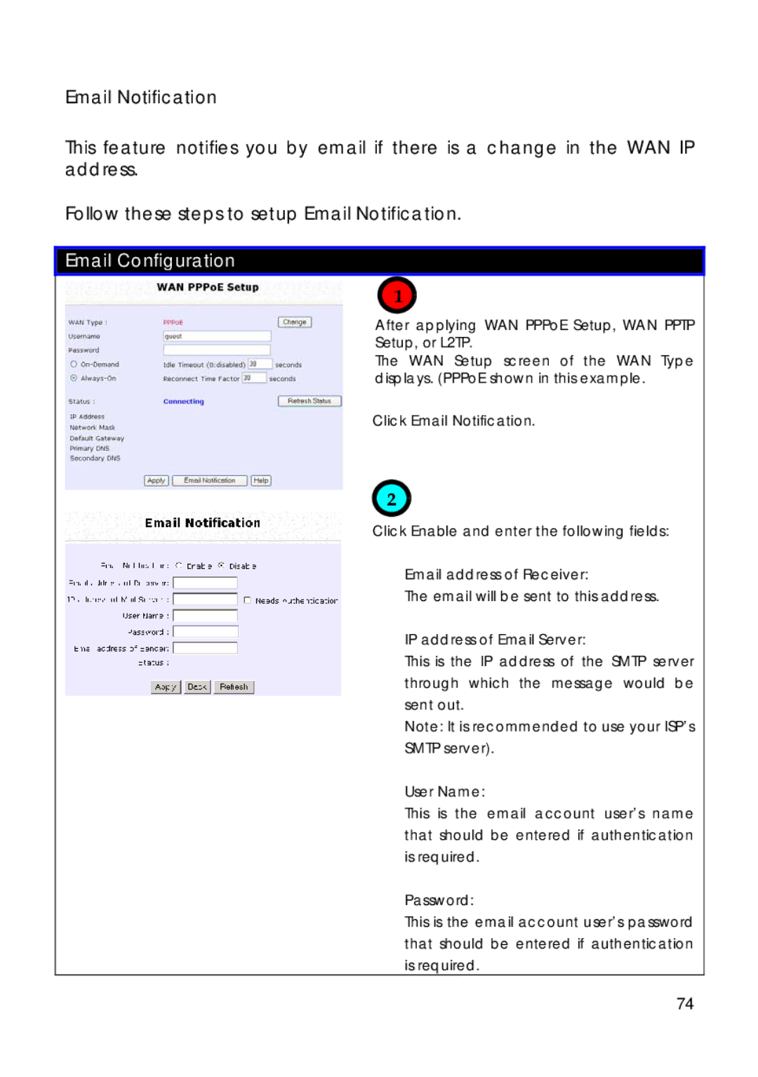 Compex Technologies 18A manual After applying WAN PPPoE Setup, WAN Pptp Setup, or L2TP, Click Email Notification 