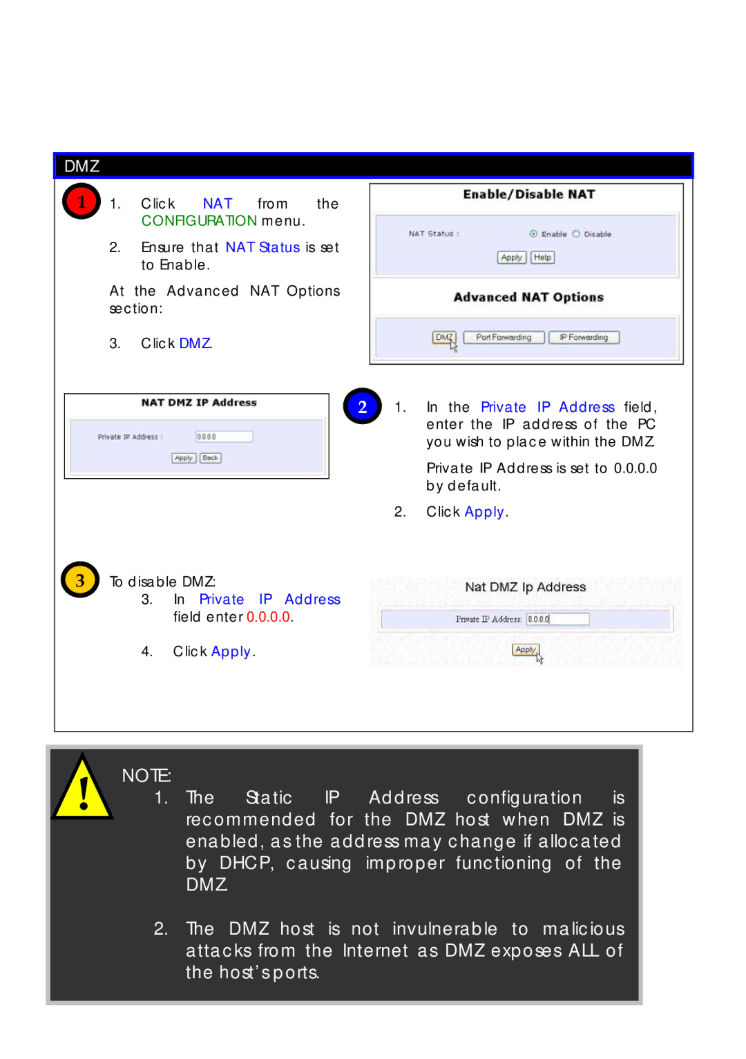 Compex Technologies 18A manual Dmz, Private IP Address field enter 