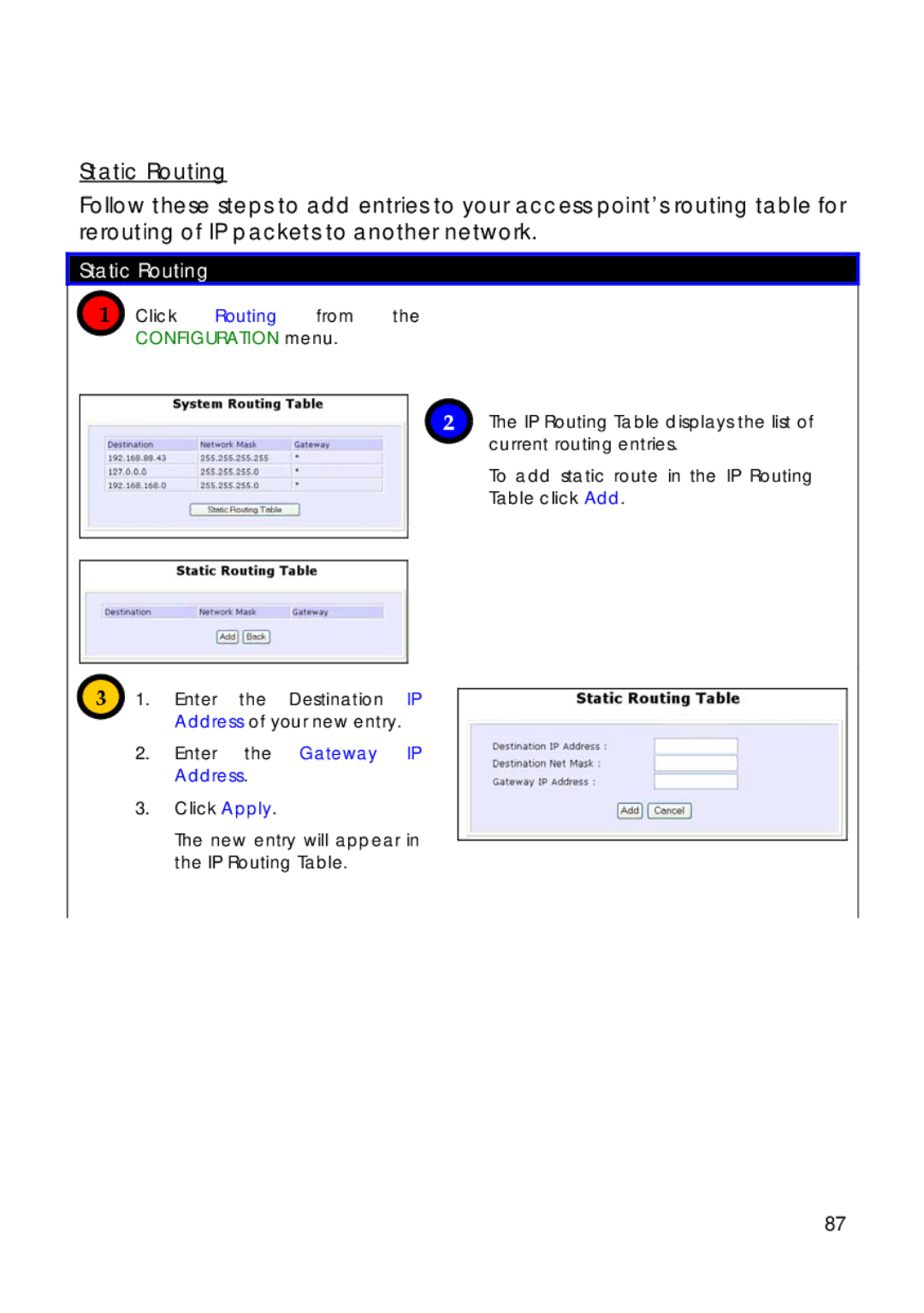 Compex Technologies 18A manual Static Routing, Click Routing from the Configuration menu, Enter the Gateway IP Address 