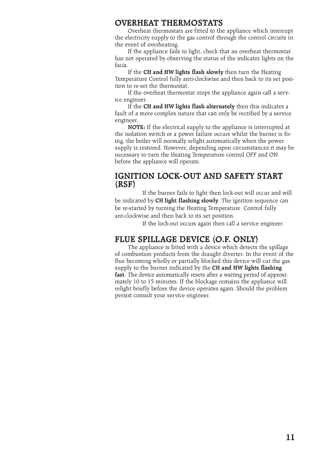 Compex Technologies 400 manual Overheat Thermostats, Ignition LOCK-OUT and Safety Start RSF, Flue Spillage Device O.F. only 