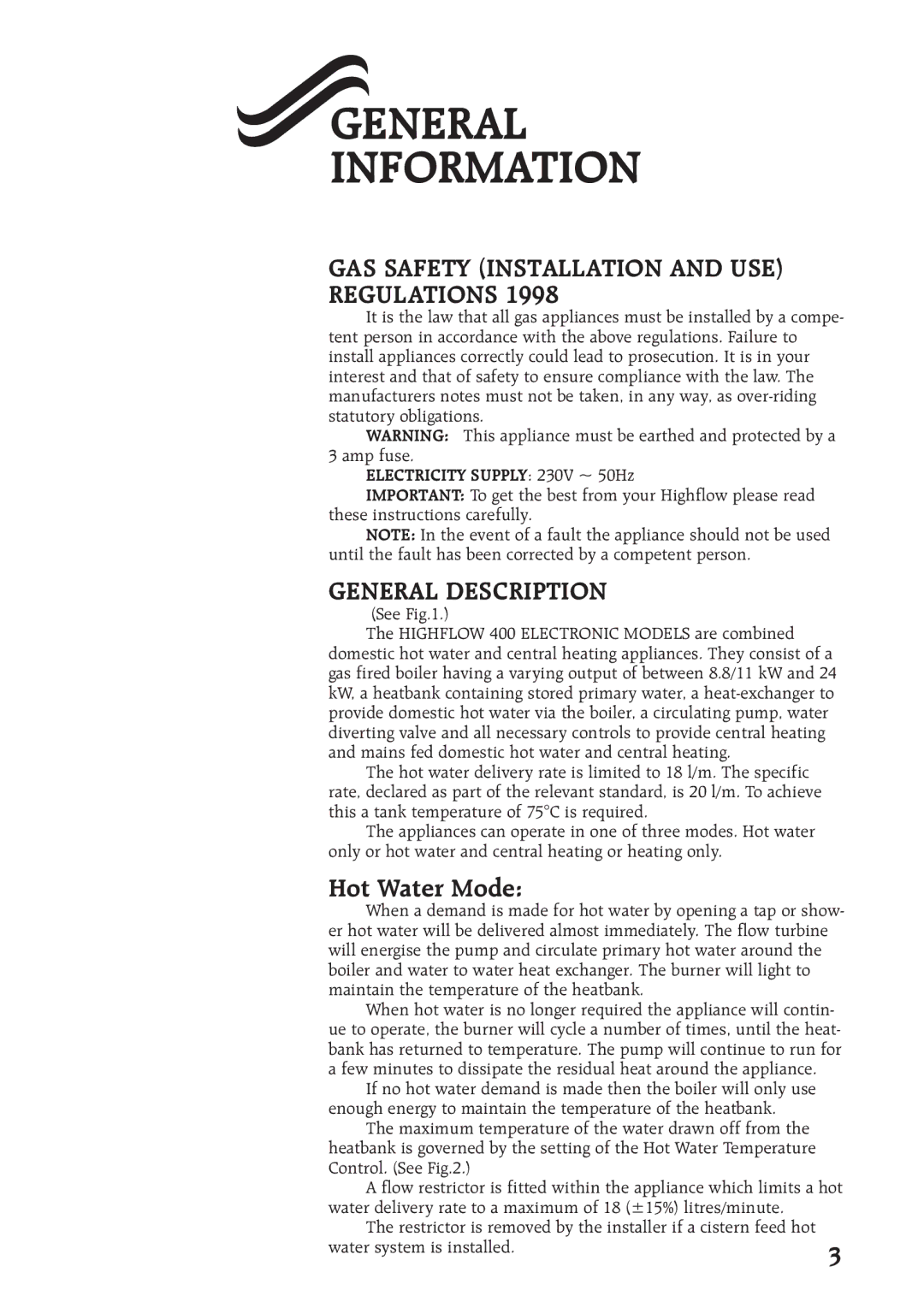 Compex Technologies 400 manual General Information, GAS Safety Installation and USE Regulations, General Description 