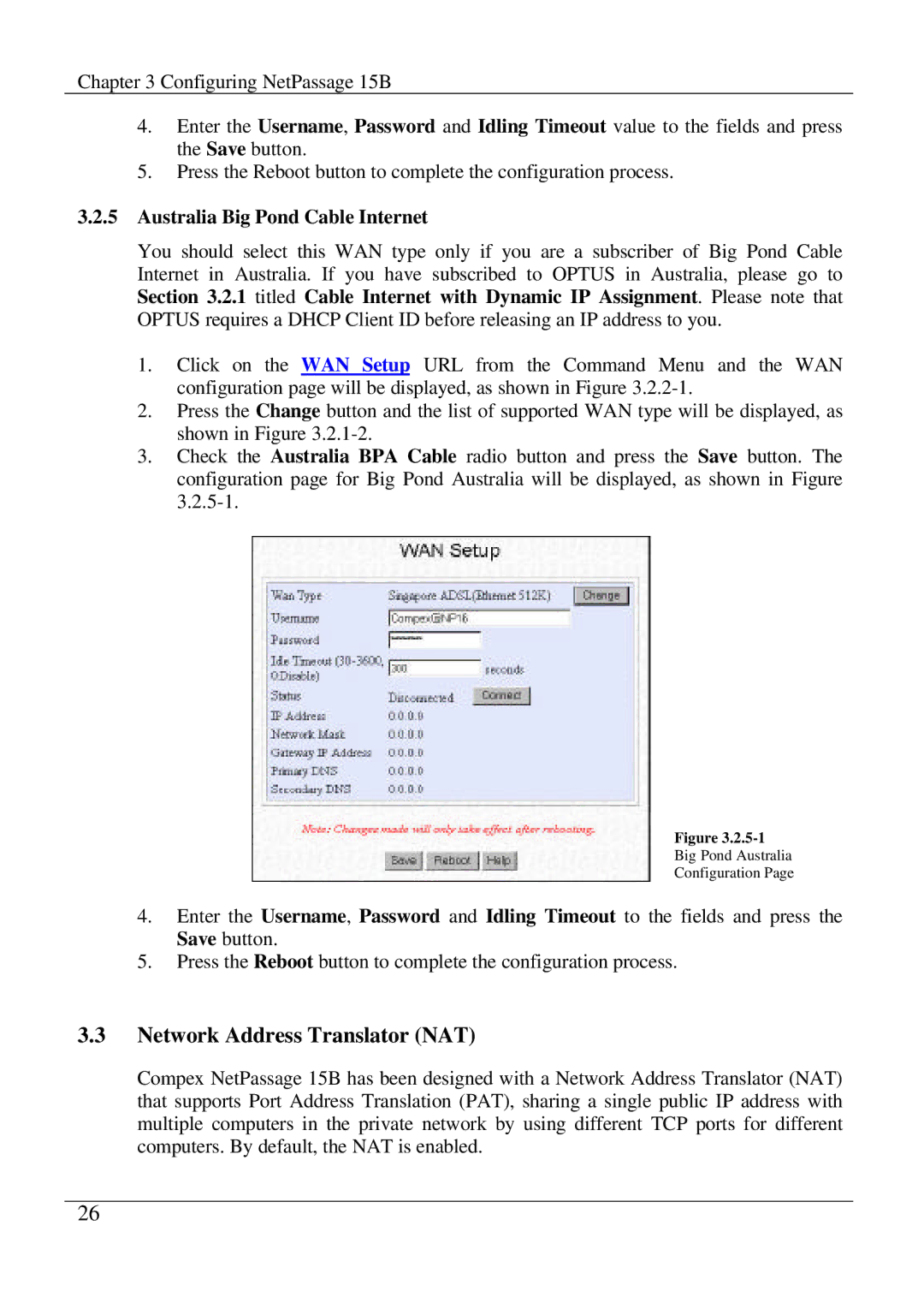 Compex Technologies NetPassage 15B manual Network Address Translator NAT, Australia Big Pond Cable Internet 