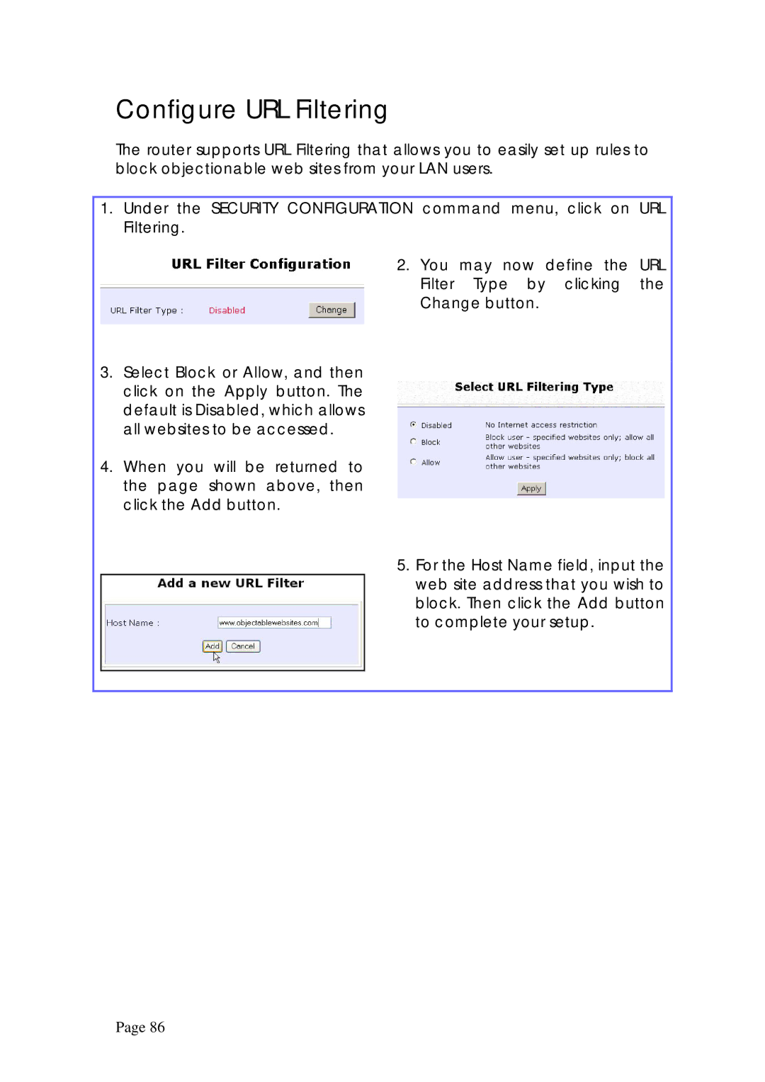 Compex Technologies NP25G 6C manual Configure URL Filtering 