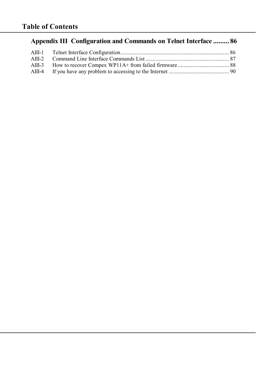 Compex Technologies WP11A+ manual Appendix III Configuration and Commands on Telnet Interface 