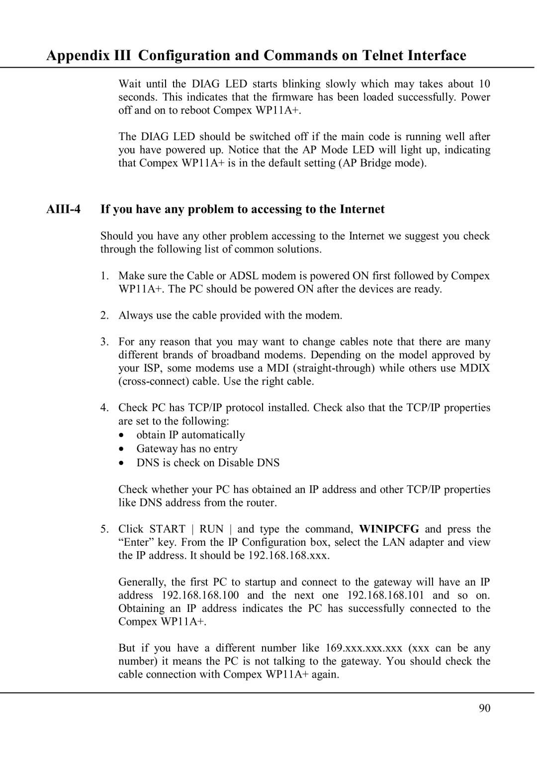 Compex Technologies WP11A+ manual AIII-4 If you have any problem to accessing to the Internet 