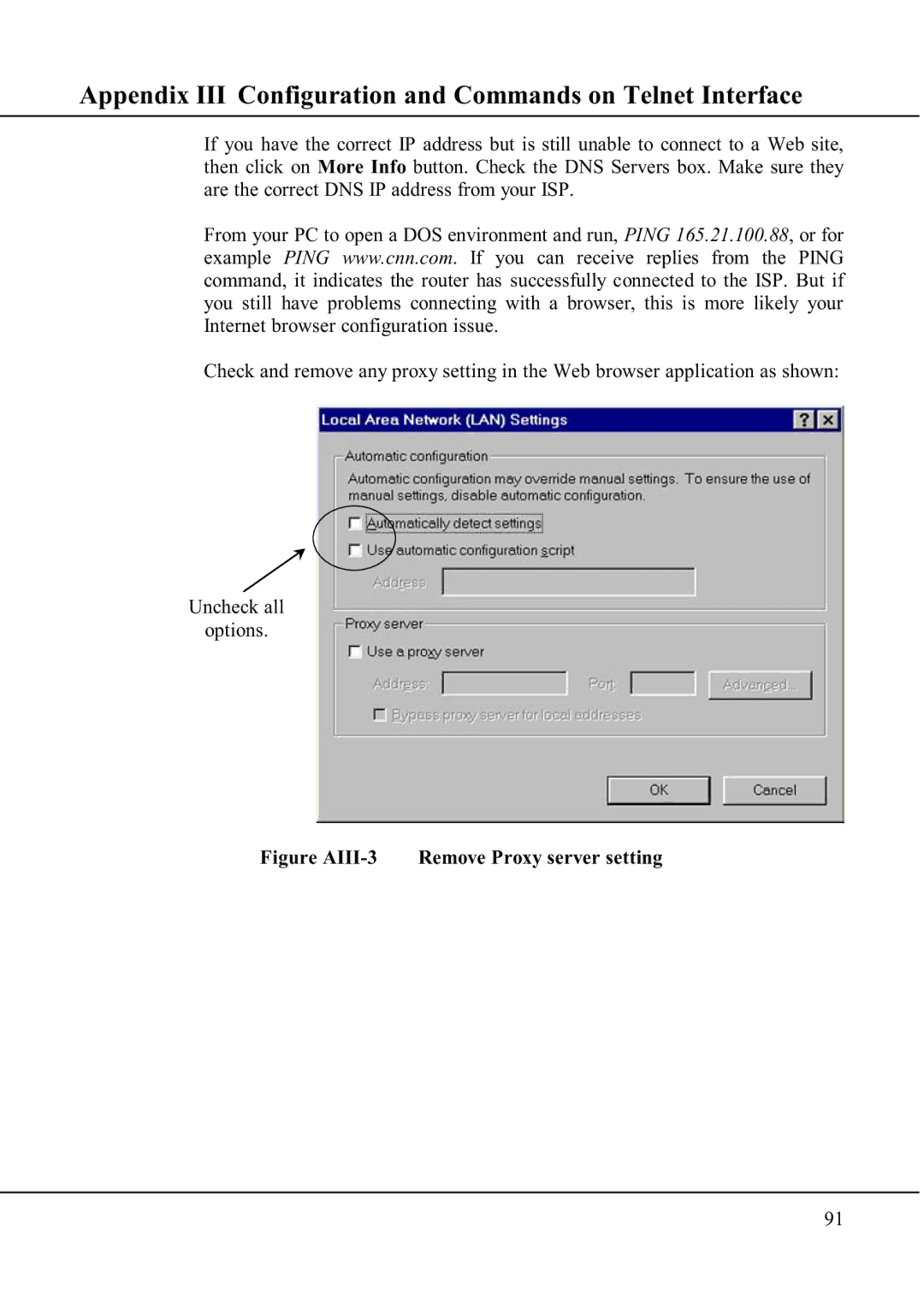 Compex Technologies WP11A+ manual Figure AIII-3 Remove Proxy server setting 