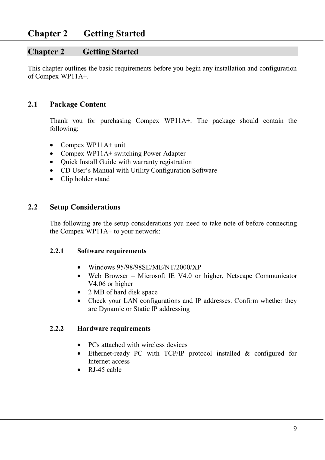 Compex Technologies WP11A+ manual Getting Started, Package Content, Setup Considerations 