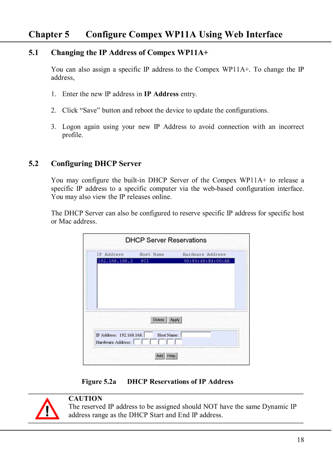 Compex Technologies manual Changing the IP Address of Compex WP11A+, Configuring Dhcp Server 